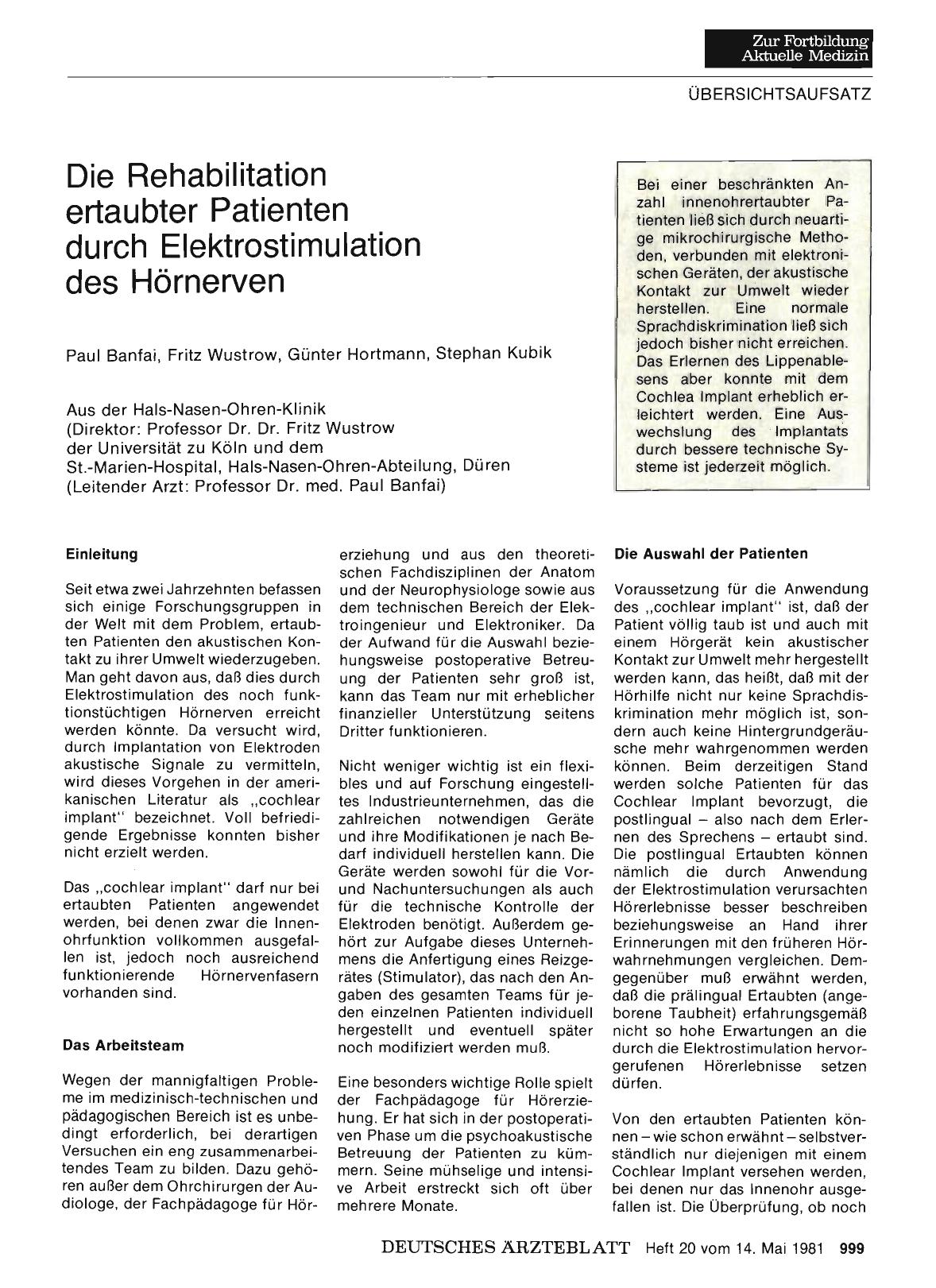 Vorschauseite 1: Die Rehabilitation ertaubter Patienten durch Elektrostimulation des Hörnerven
