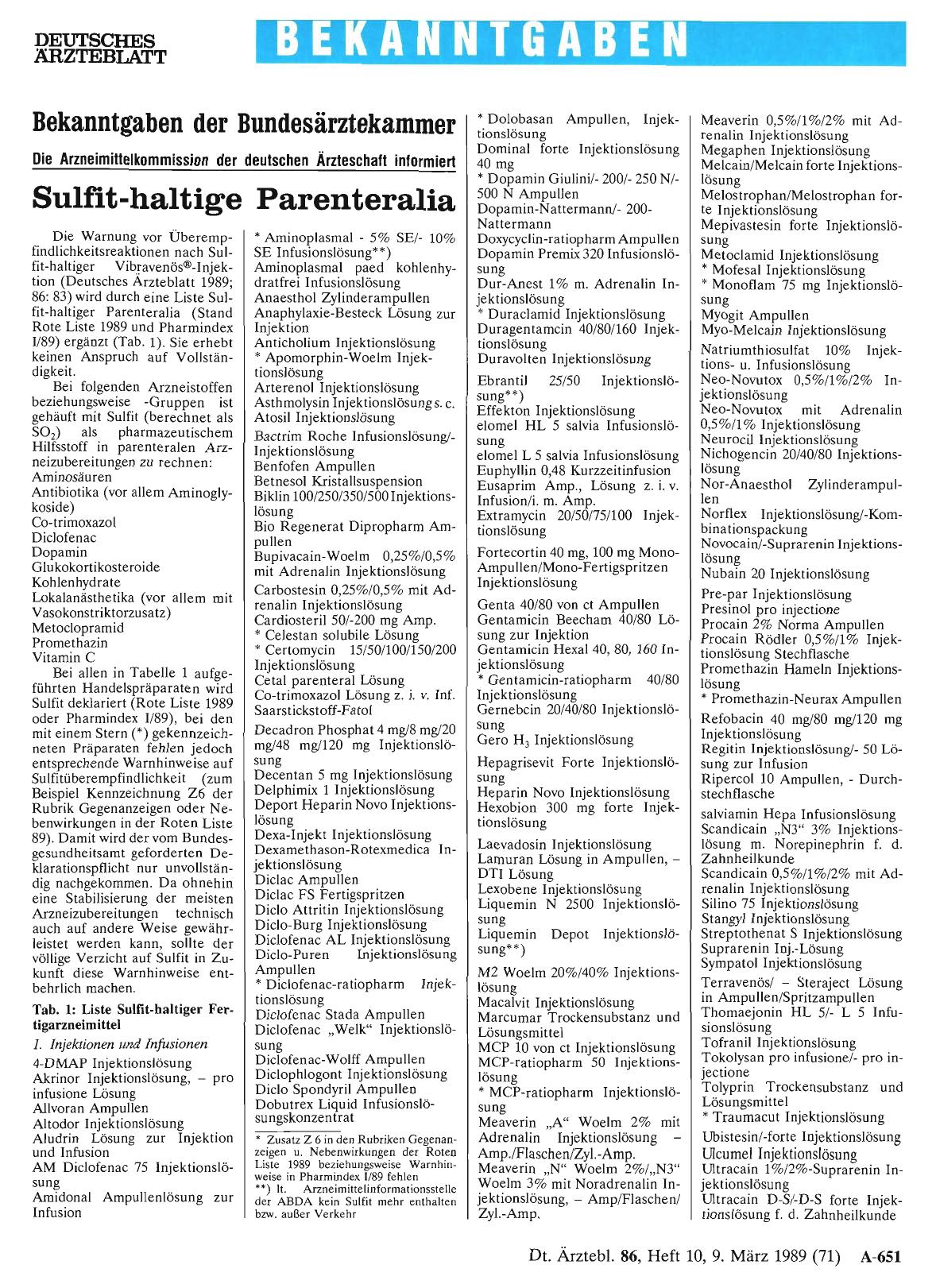 Vorschauseite 1: Die Arzneimittelkommission der deutschen Ärzteschaft informiert: Sulfit-haltige Parenteralia