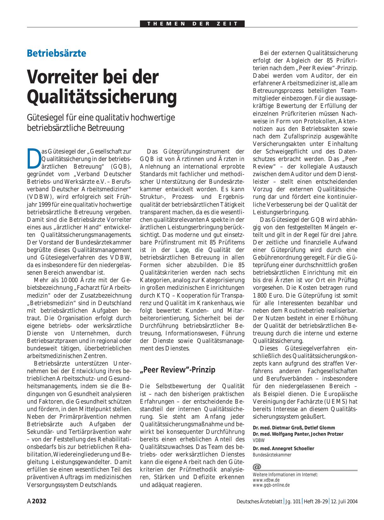 Vorschauseite 1: Betriebsärzte: Vorreiter bei der Qualitätssicherung