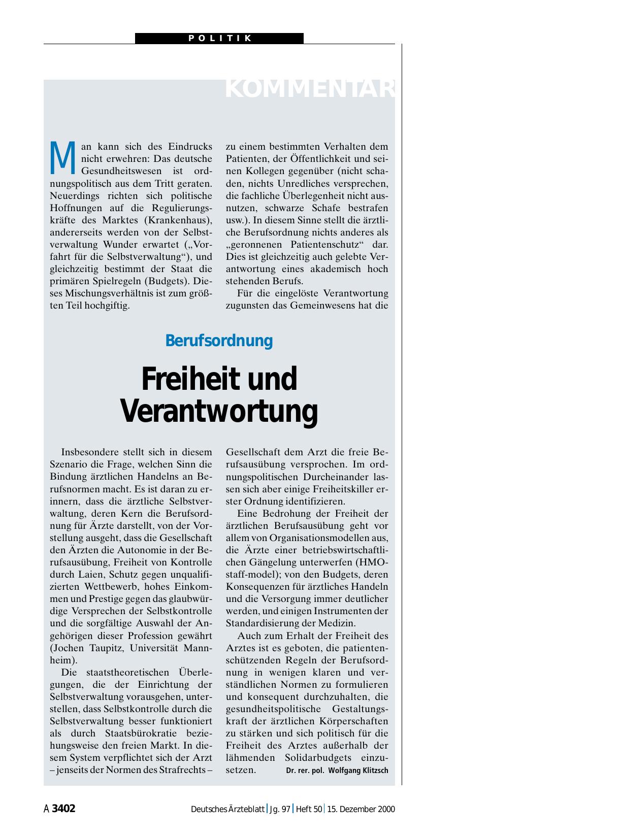 Vorschauseite 1: Berufsordnung: Freiheit und Verantwortung
