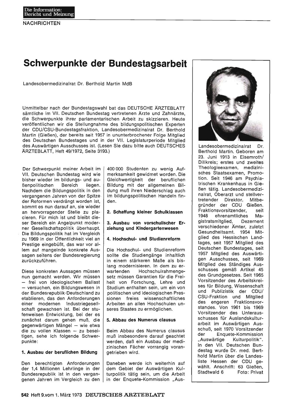 Vorschauseite 1: Schwerpunkte der Bundestagsarbeit
