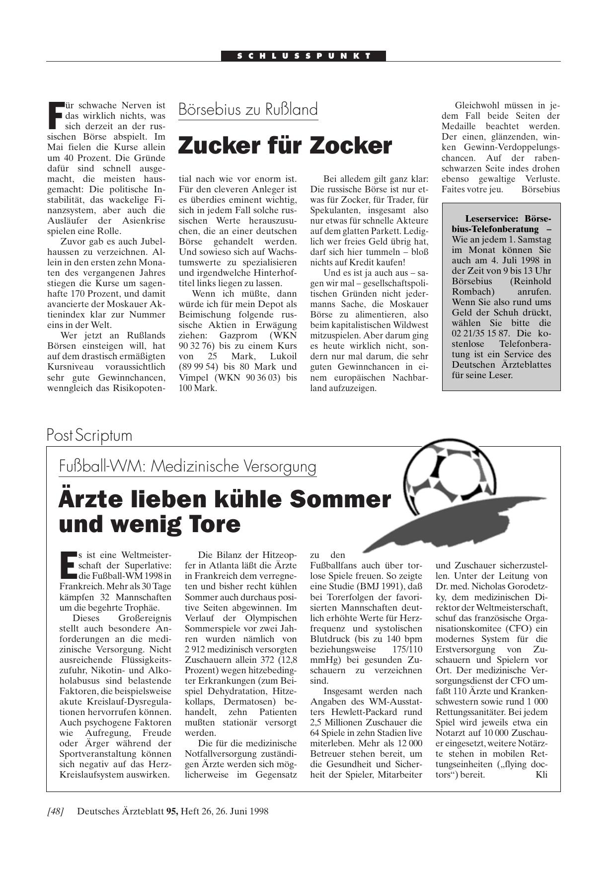 Vorschauseite 1: Fußball-WM: Medizinische Versorgung – Ärzte lieben kühle Sommer und wenig Tore