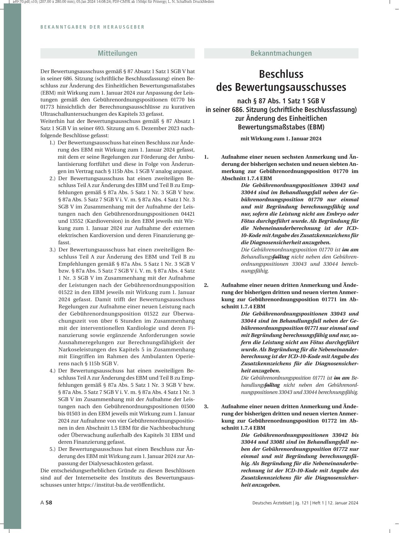 Vorschauseite 1: Beschluss des Bewertungsausschusses nach § 87 Abs. 1 Satz 1 SGB V in seiner 686. Sitzung (schriftliche Beschlussfassung) zur Änderung des Einheitlichen Bewertungsmaßstabes (EBM)