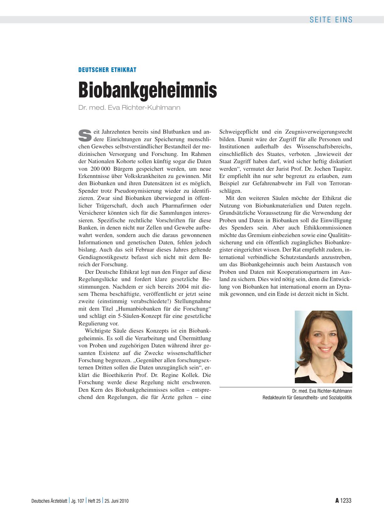 Vorschauseite 1: Deutscher Ethikrat: Biobankgeheimnis