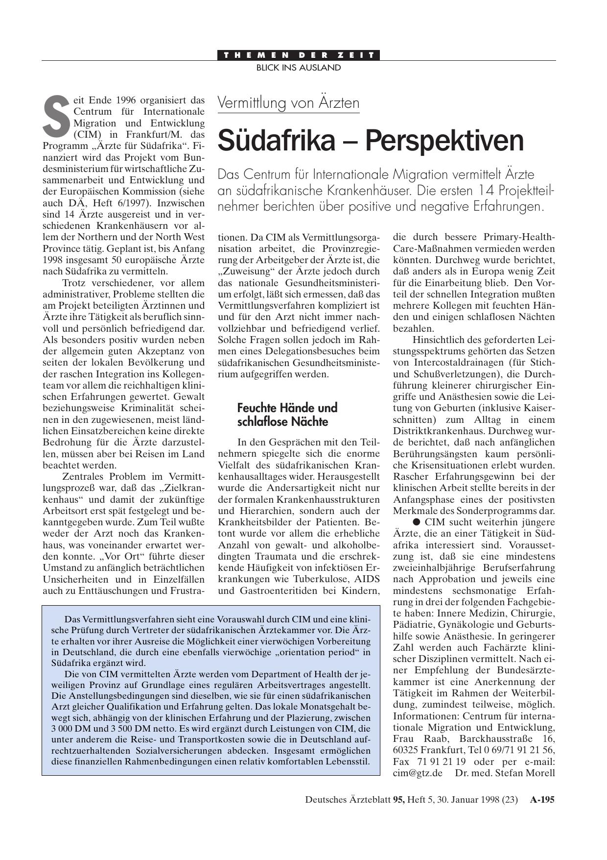 Vorschauseite 1: Vermittlung von Ärzten: Südafrika - Perspektiven