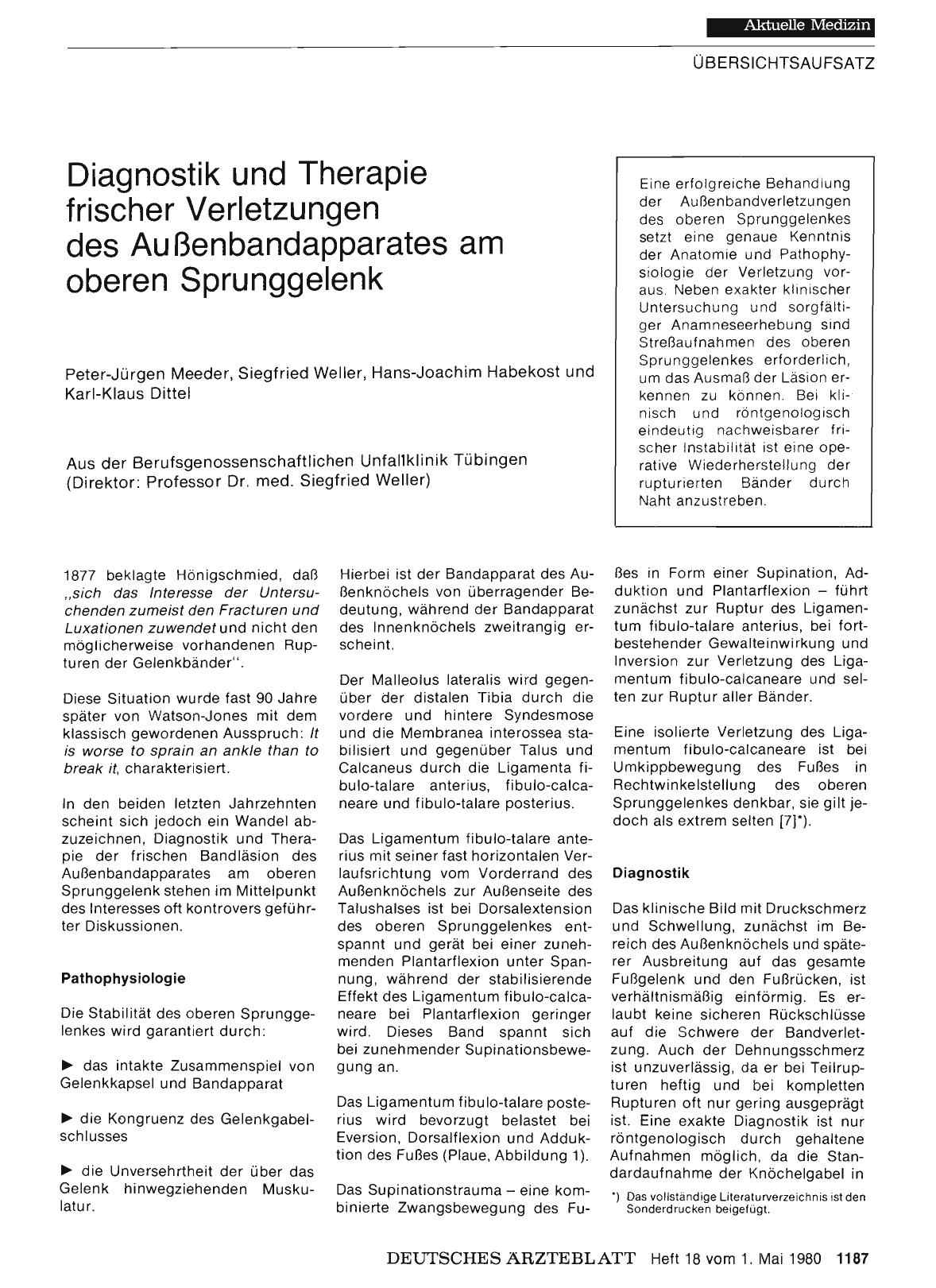 Vorschauseite 1: Diagnostik und Therapie frischer Verletzungen des Au Benbandapparates am oberen Sprunggelenk