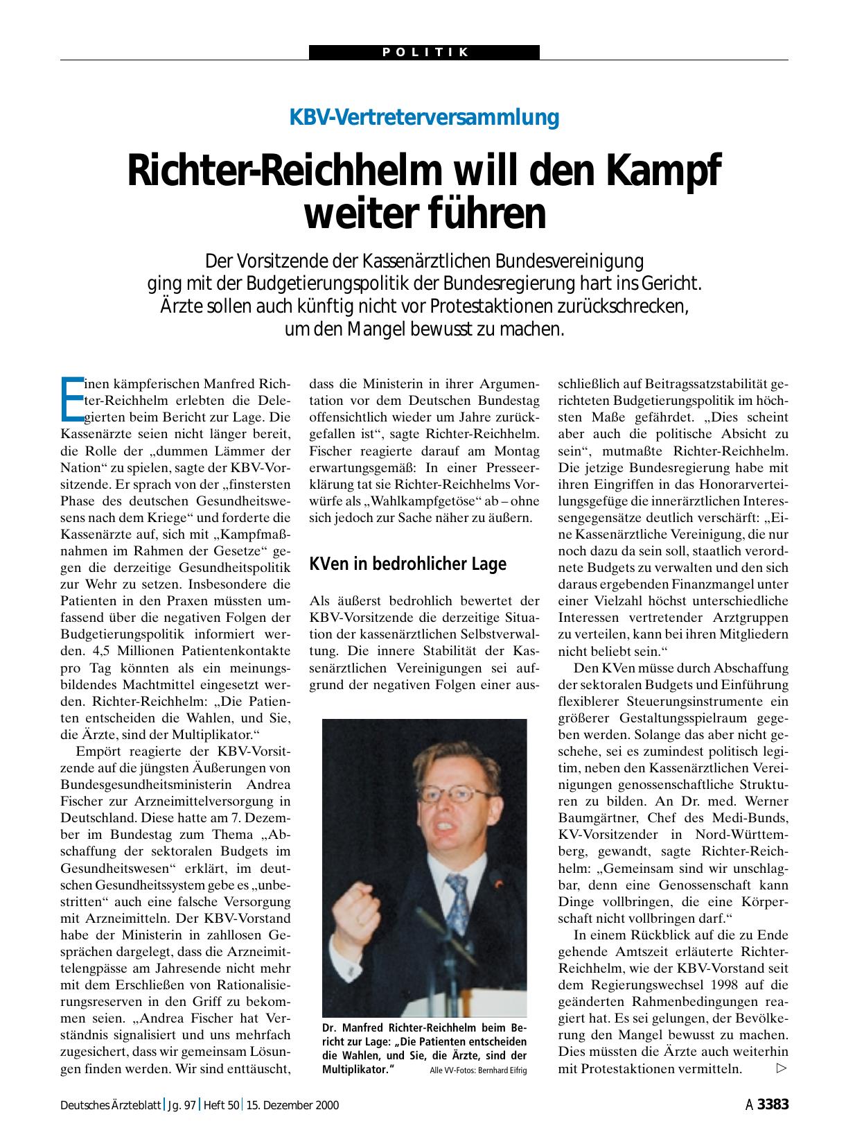 Vorschauseite 1: KBV-Vertreterversammlung: Richter-Reichhelm will den Kampf weiter führen