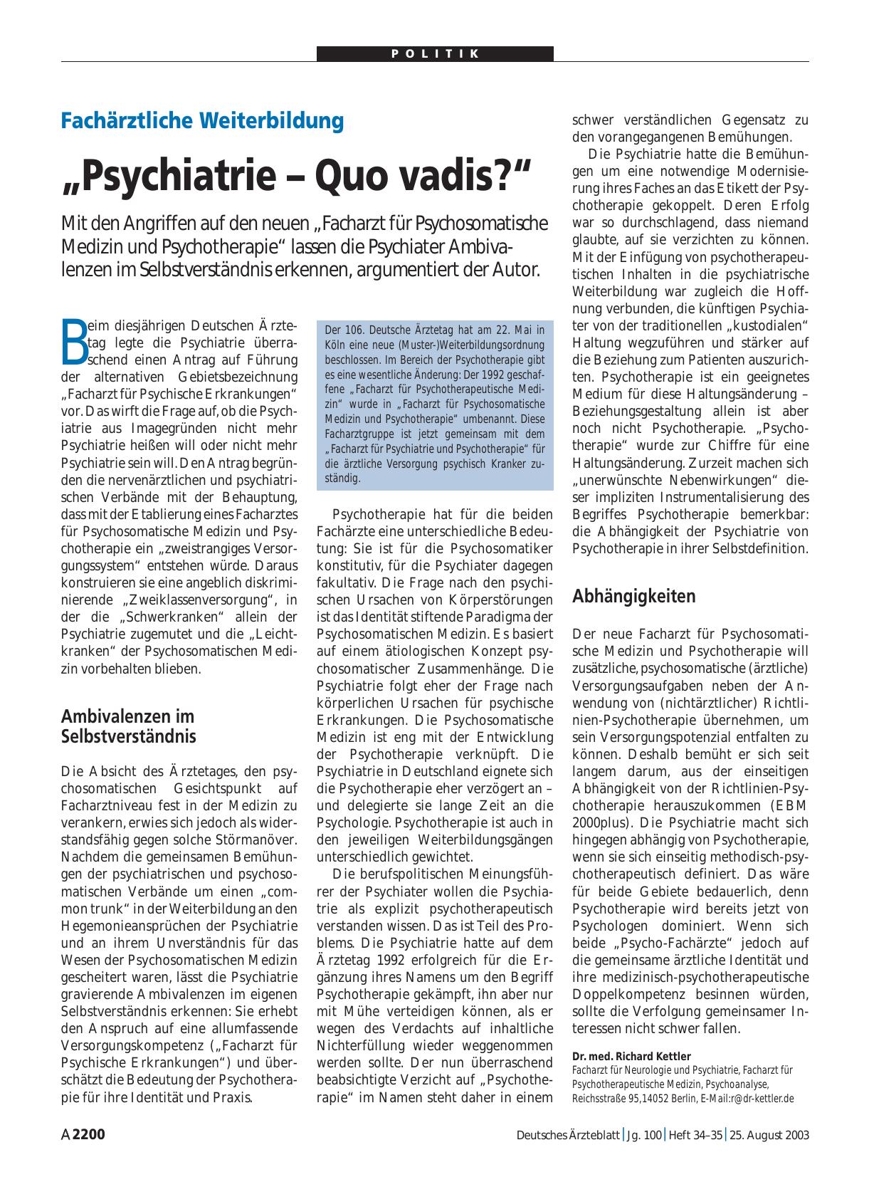 Vorschauseite 1: Fachärztliche Weiterbildung: „Psychiatrie – Quo vadis? “