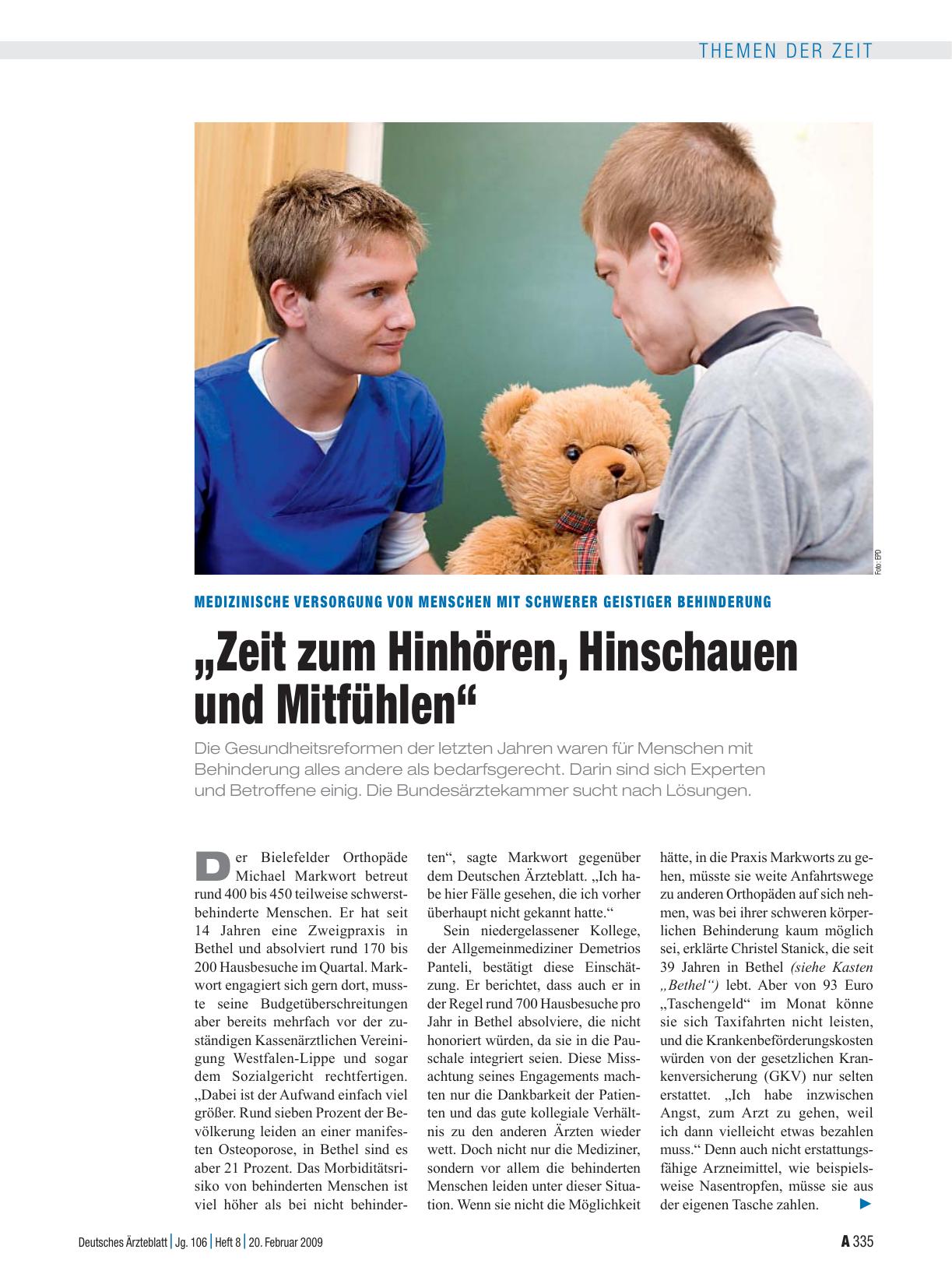 Vorschauseite 1: Medizinische Versorgung von Menschen mit schwerer geistiger Behinderung „Zeit zum Hinhören, Hinschauen und Mitfühlen“