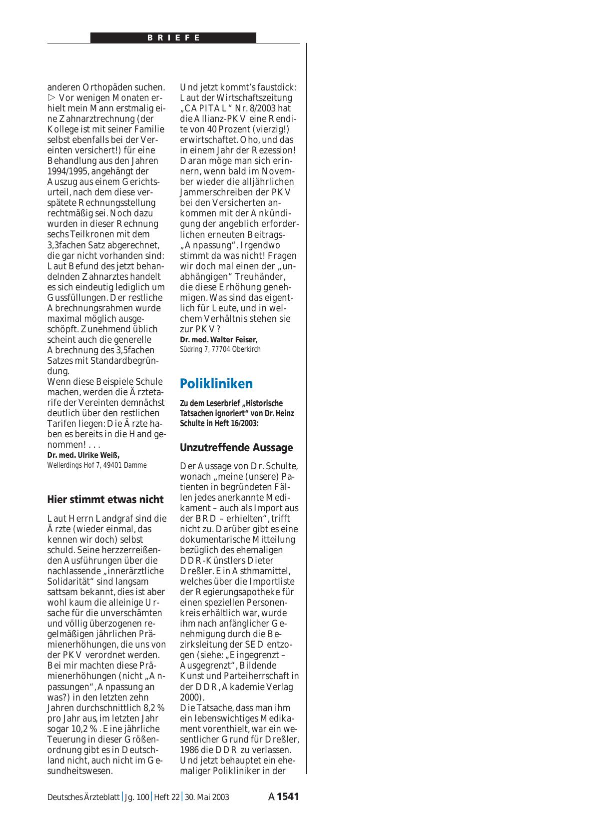 Vorschauseite 1: Polikliniken: Unzutreffende Aussage