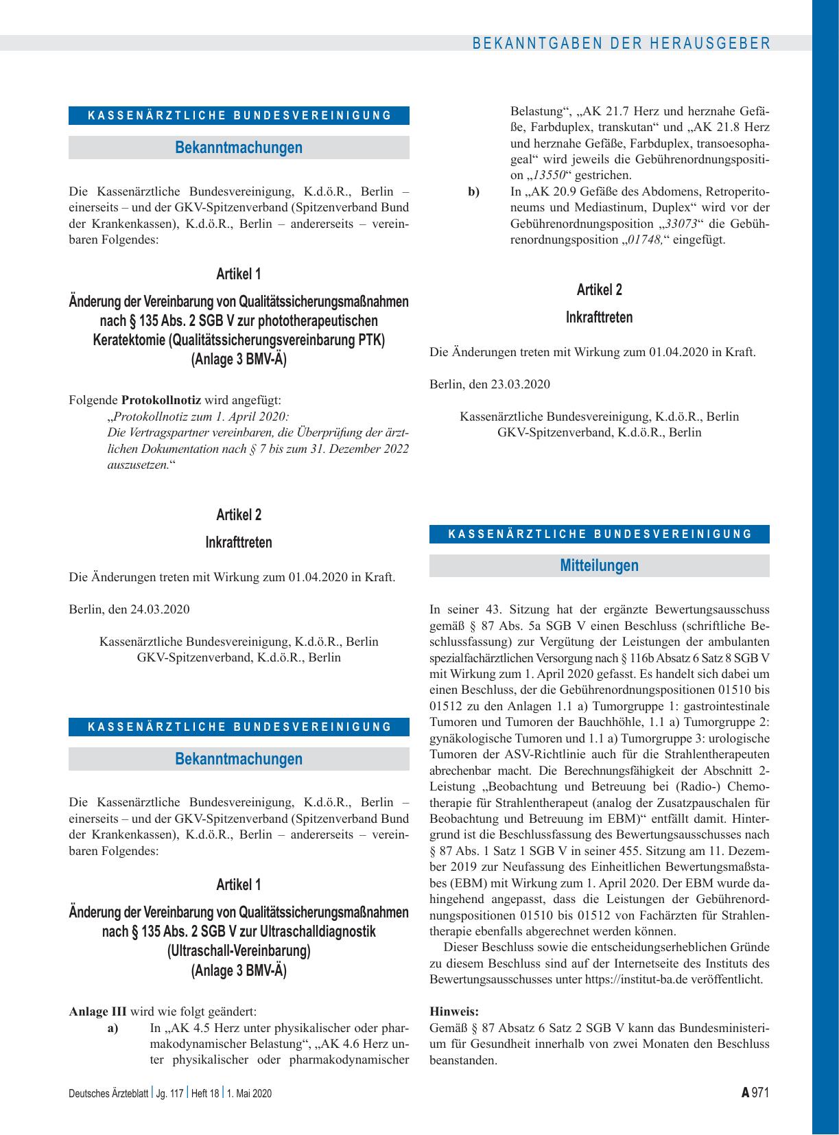 Vorschauseite 1: Änderung der Vereinbarung von Qualitätssicherungsmaßnahmen nach § 135 Abs. 2 SGB V zur phototherapeutischen Keratektomie (Qualitätssicherungsvereinbarung PTK) (Anlage 3 BMV-Ä)