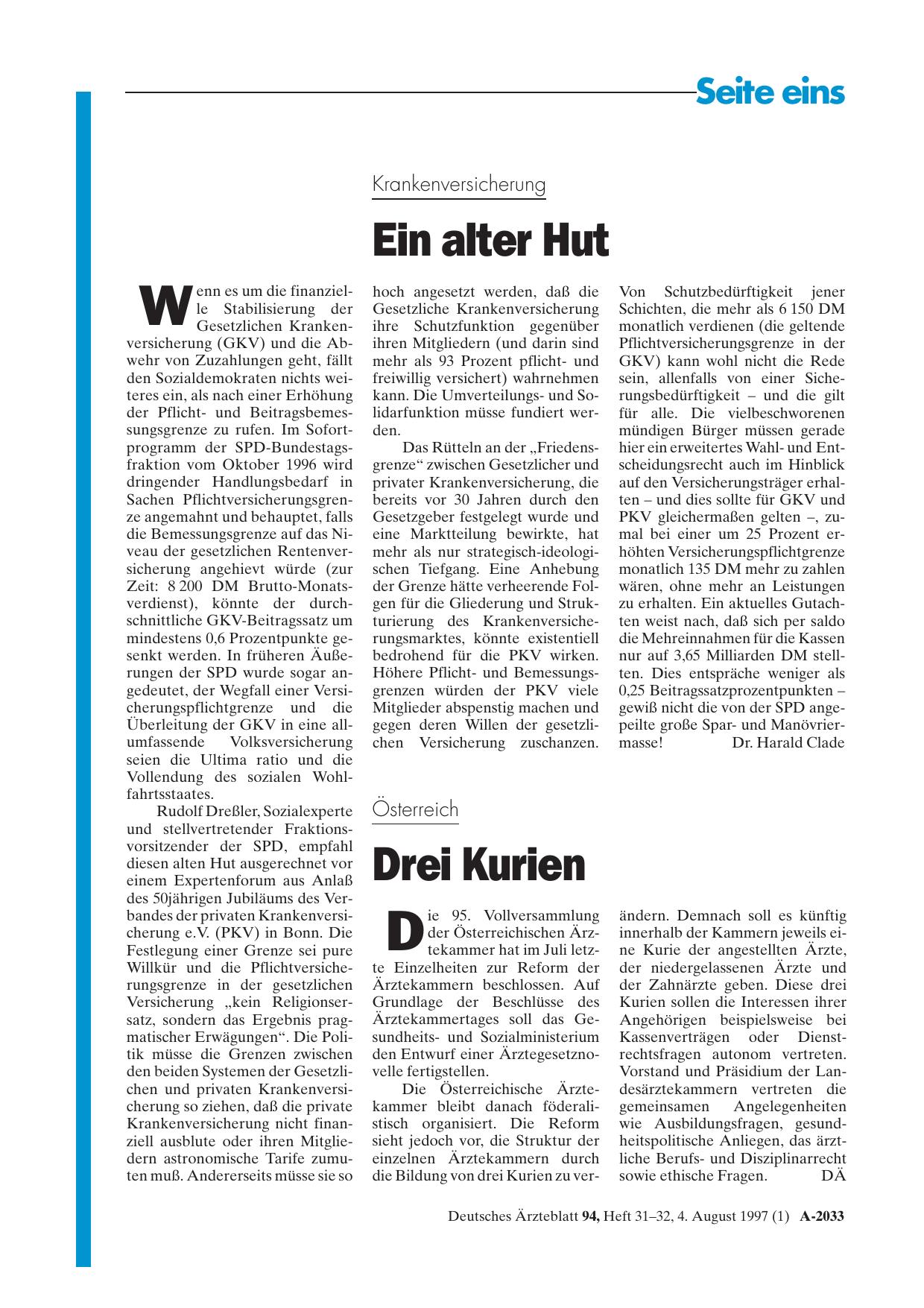 Vorschauseite 1: Krankenversicherung: Ein alter Hut