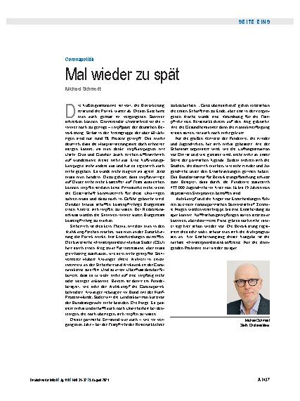 Vorschauseite 1: Coronapolitik: Mal wieder zu spät