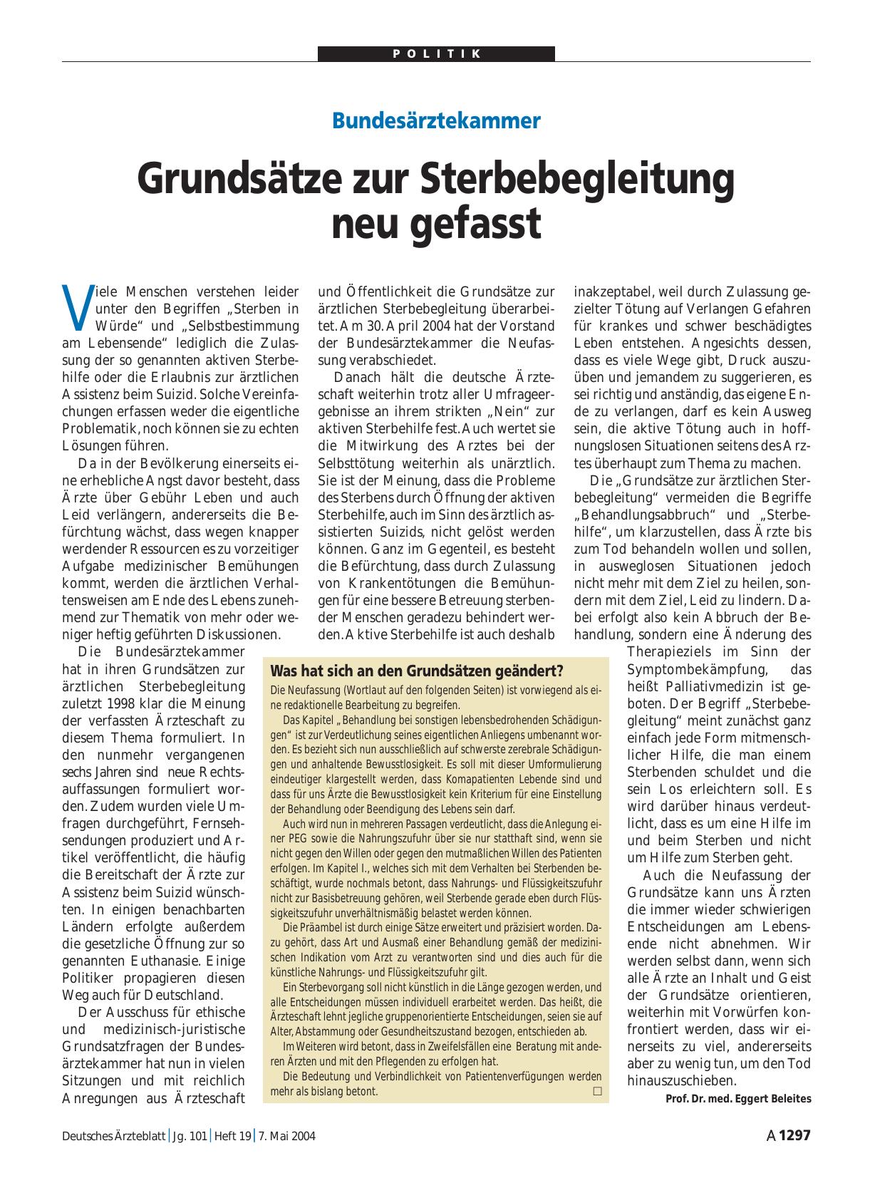 Vorschauseite 1: Bundesärztekammer: Grundsätze zur Sterbebegleitung neu gefasst