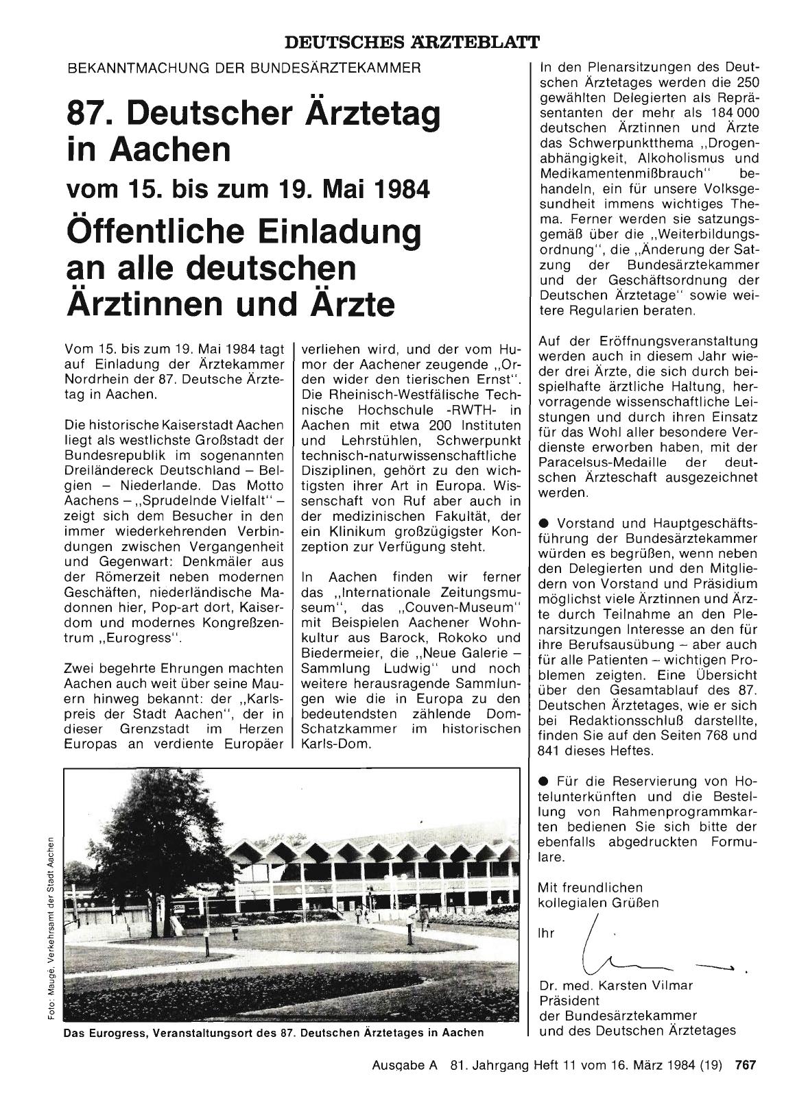 Vorschauseite 1: 87. Deutscher Ärztetag in Aachen vom 15. bis zum 19. Mai 1984 — Öffentliche Einladung an alle deutschen Ärztinnen und Ärzte