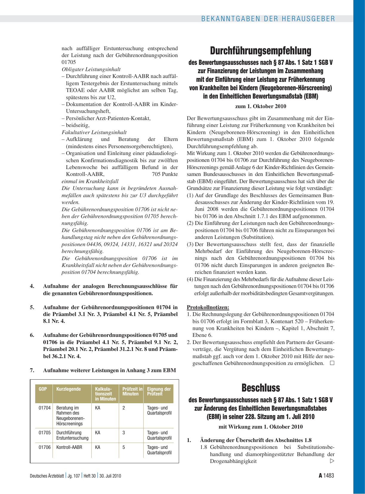 Vorschauseite 1: Beschluss des Bewertungsausschusses nach § 87 Abs. 1 Satz 1 SGB V zur Änderung des Einheitlichen Bewertungsmaßstabes (EBM) in seiner 228. Sitzung am 1. Juli 2010