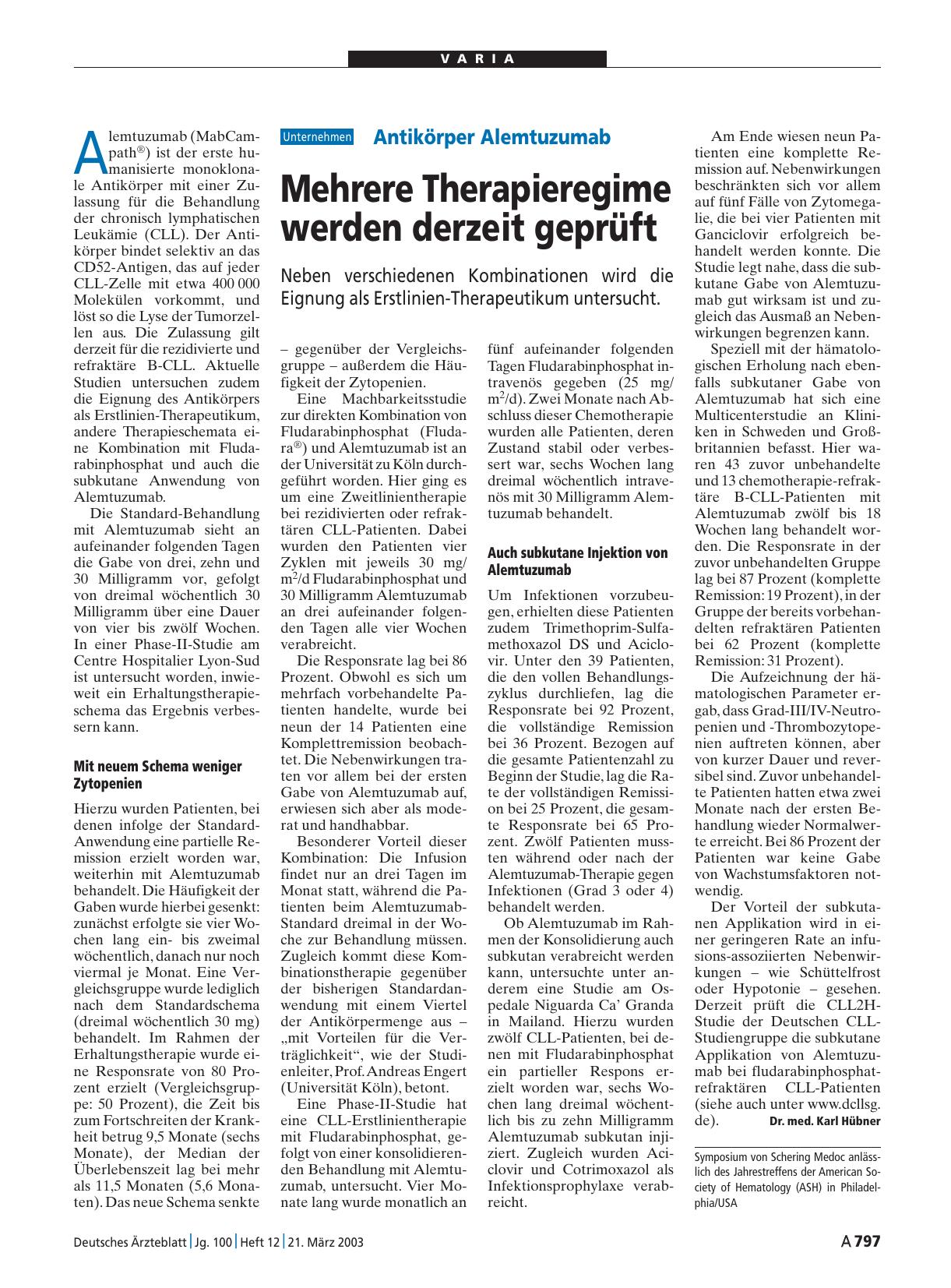 Vorschauseite 1: Antikörper Alemtuzumab: Mehrere Therapieregime werden derzeit geprüft