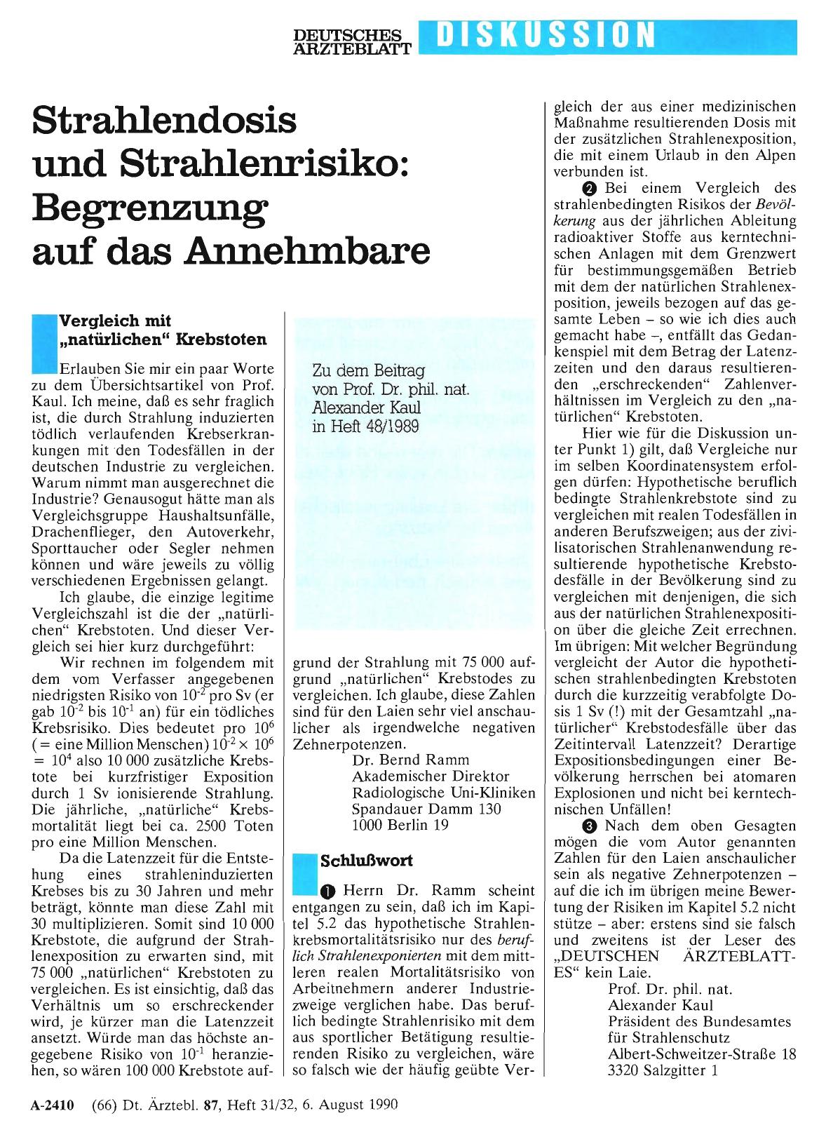 Vorschauseite 1: Strahlendosis und Strahlenrisiko: Begrenzung auf das Annehmbare: Schlußwort