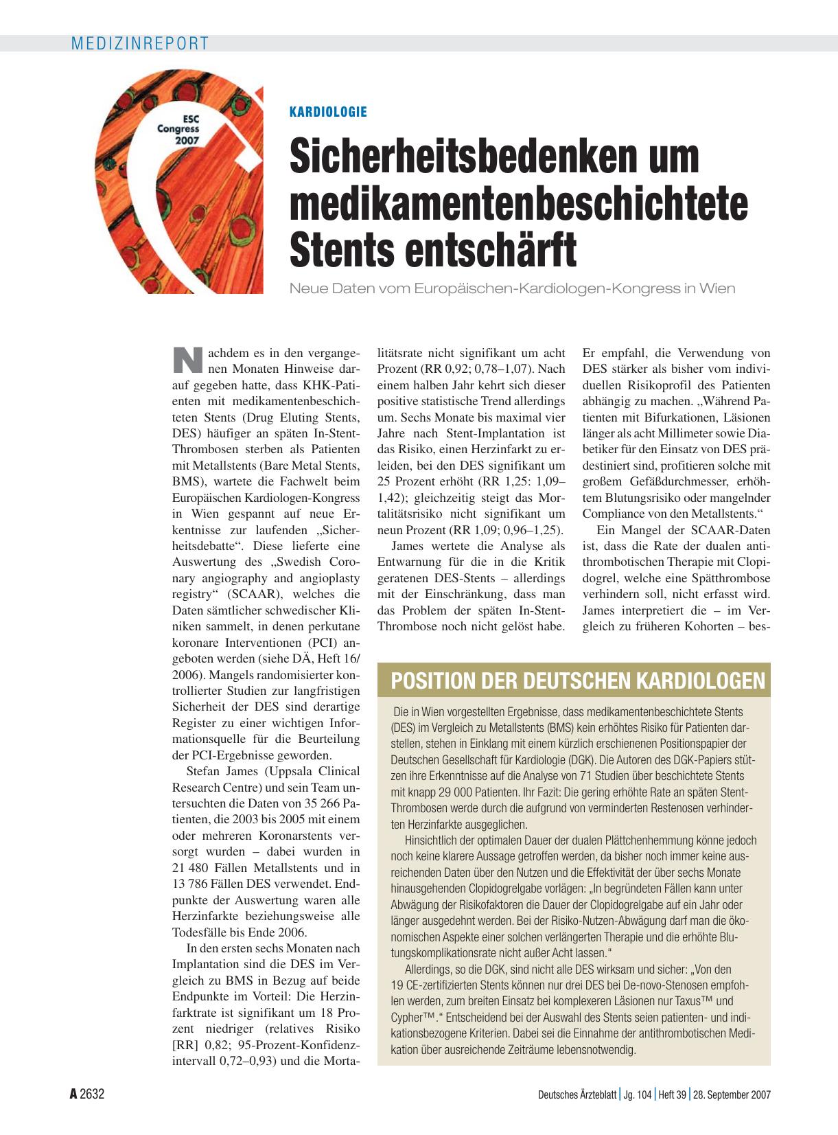 Vorschauseite 1: Kardiologie: Sicherheitsbedenken um medikamentenbeschichtete Stents entschärft