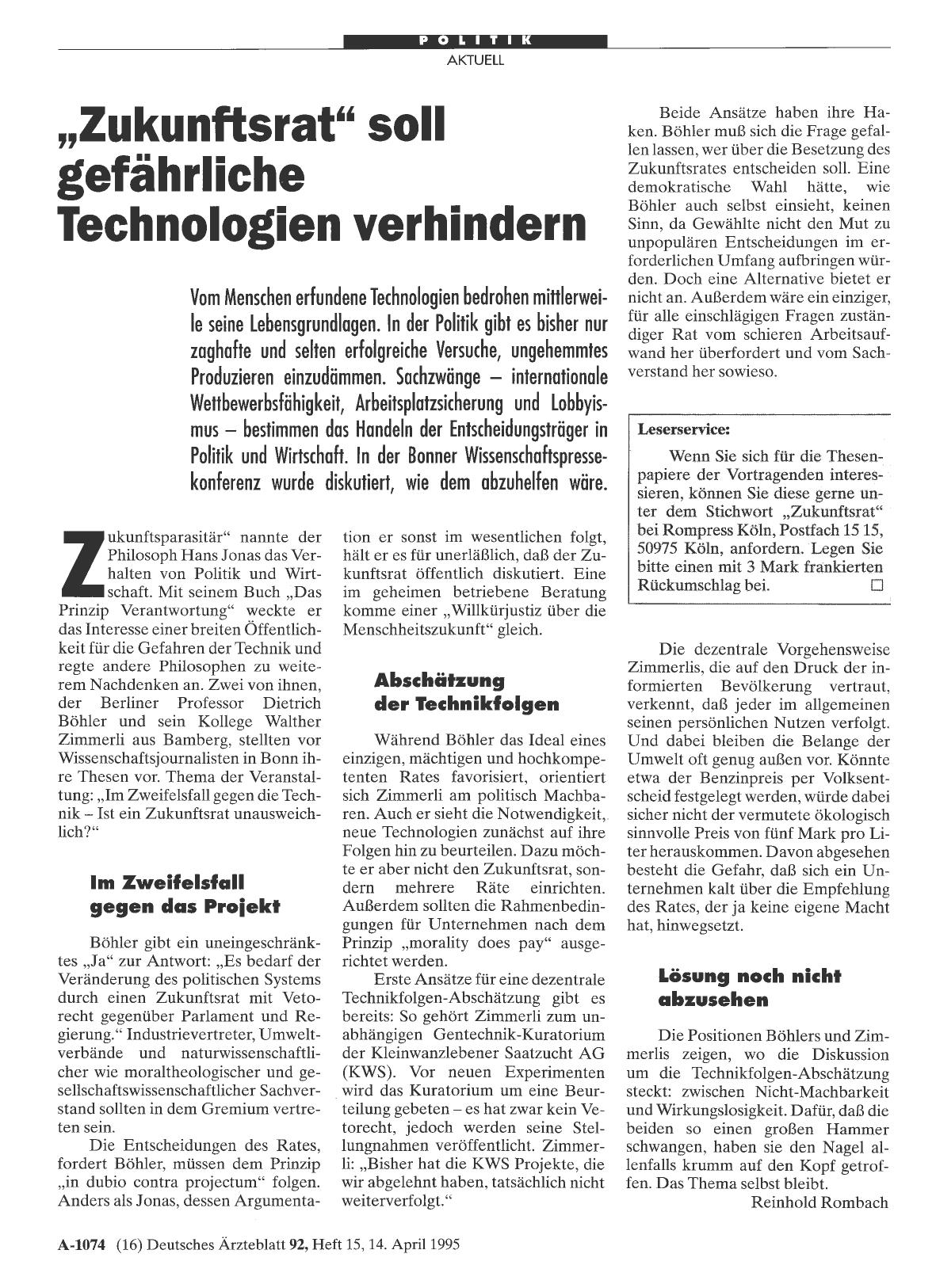 Vorschauseite 1: „Zukunftsrat“ soll gefährliche Technologien verhindern