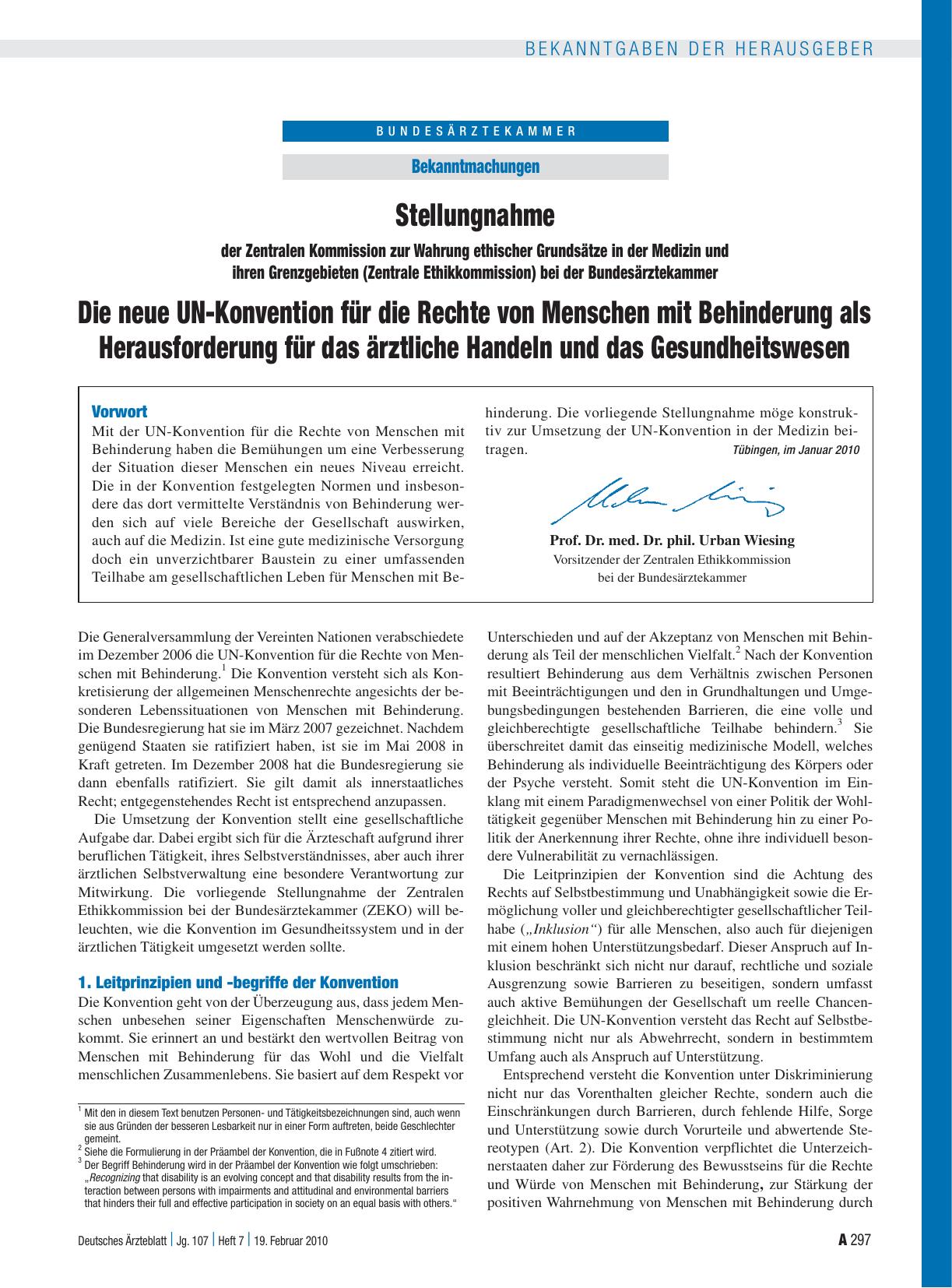 Vorschauseite 1: Stellungnahme der Zentralen Kommission zur Wahrung ethischer Grundsätze in der Medizin und ihren Grenzgebieten (Zentrale Ethikkommission) bei der Bundesärztekammer: Die neue UN-Ko…
