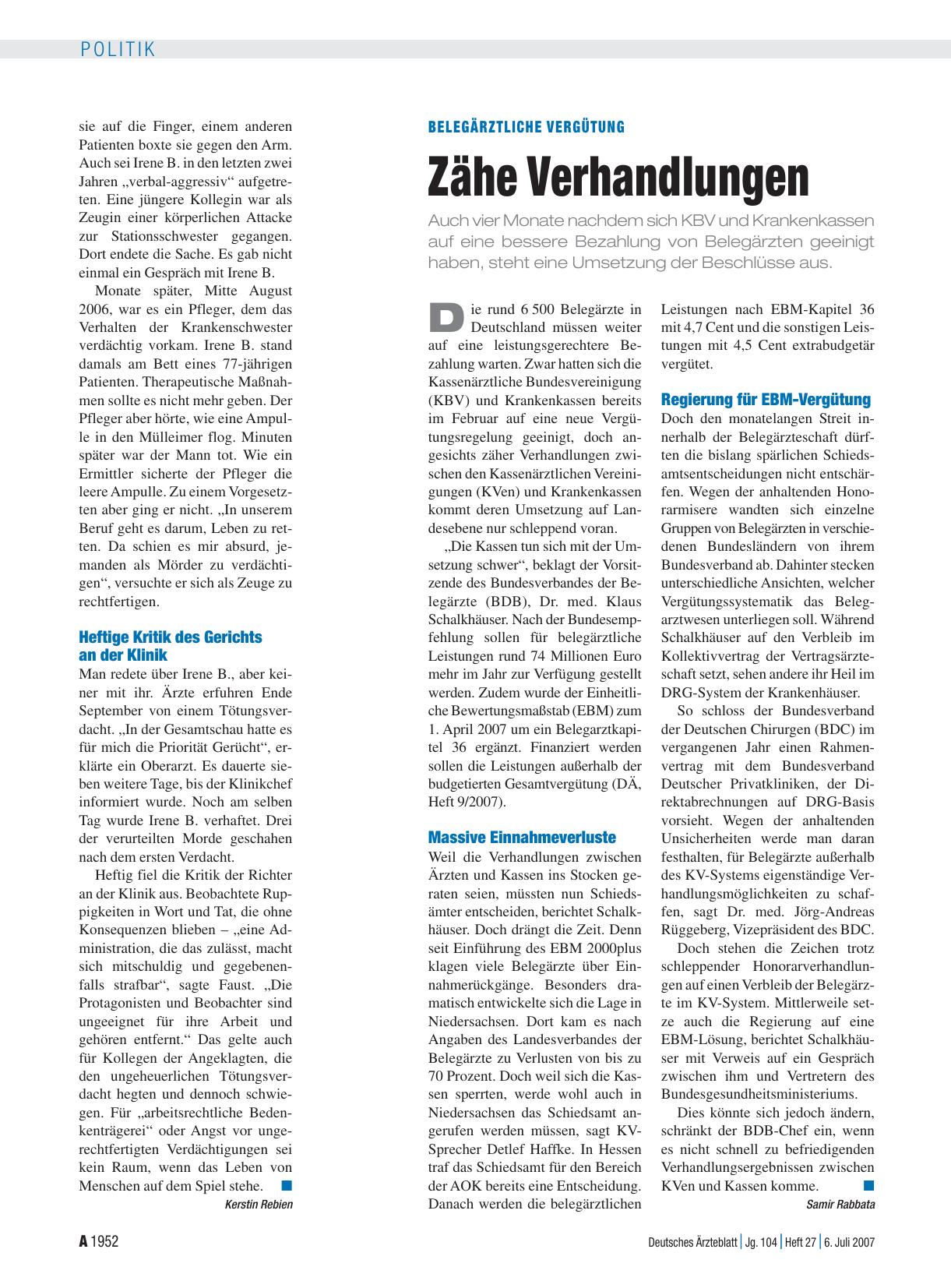 Vorschauseite 1: Belegärztliche Vergütung: Zähe Verhandlungen