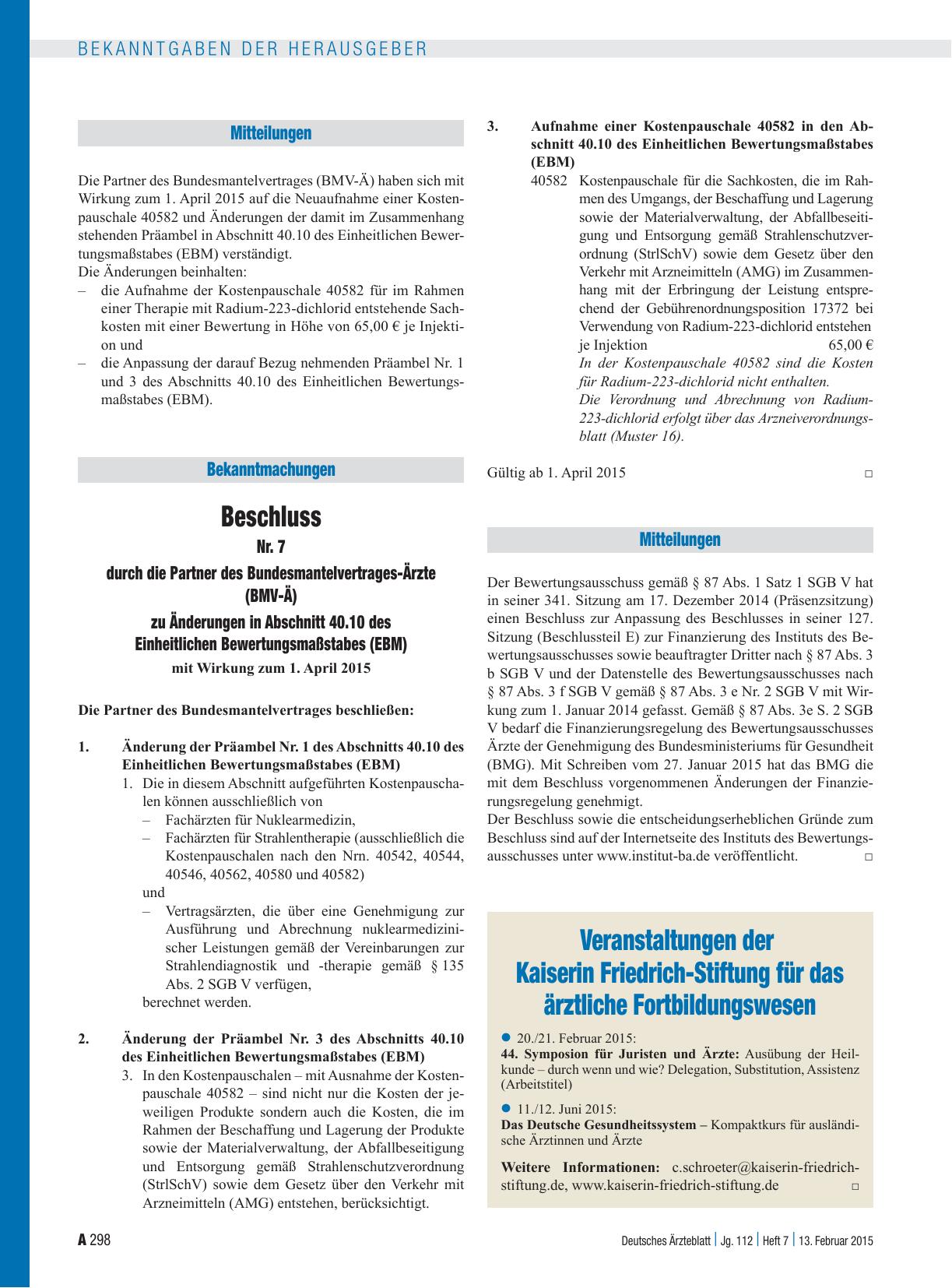 Vorschauseite 1: Beschluss Nr. 7 durch die Partner des Bundesmantelvertrages-Ärzte (BMV-Ä) zu Änderungen in Abschnitt 40. 10 des Einheitlichen Bewertungsmaßstabes (EBM)