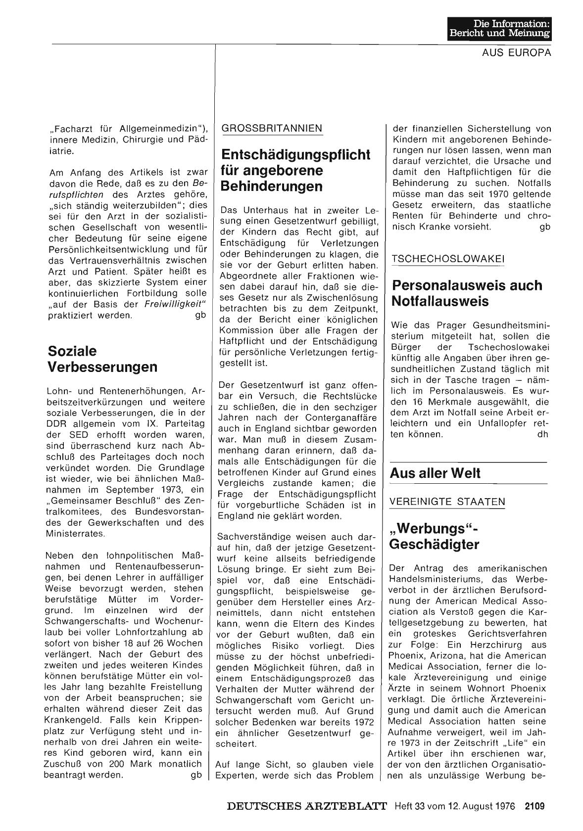 Vorschauseite 1: Grossbritannien: Entschädigungspflicht für angeborene Behinderungen