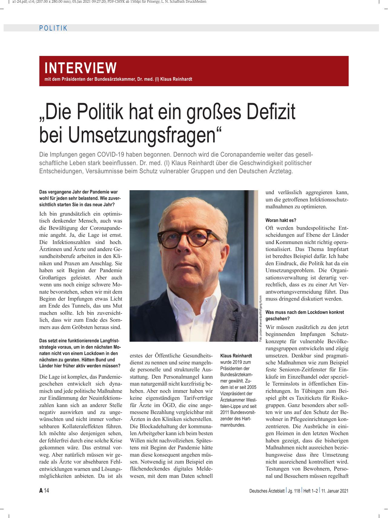 Vorschauseite 1: Interview mit dem Präsidenten der Bundesärztekammer, Dr. med. (I) Klaus Reinhardt „Die Politik hat ein großes Defizit bei Umsetzungsfragen“