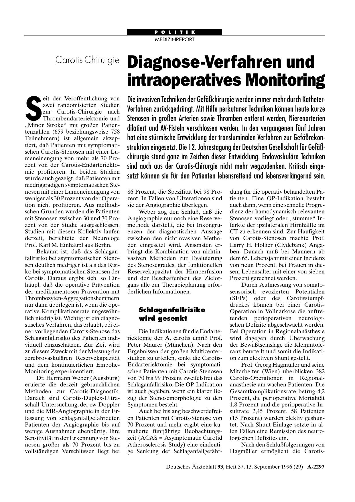 Vorschauseite 1: Carotis-Chirurgie: Diagnose-Verfahren und intraoperatives Monitoring
