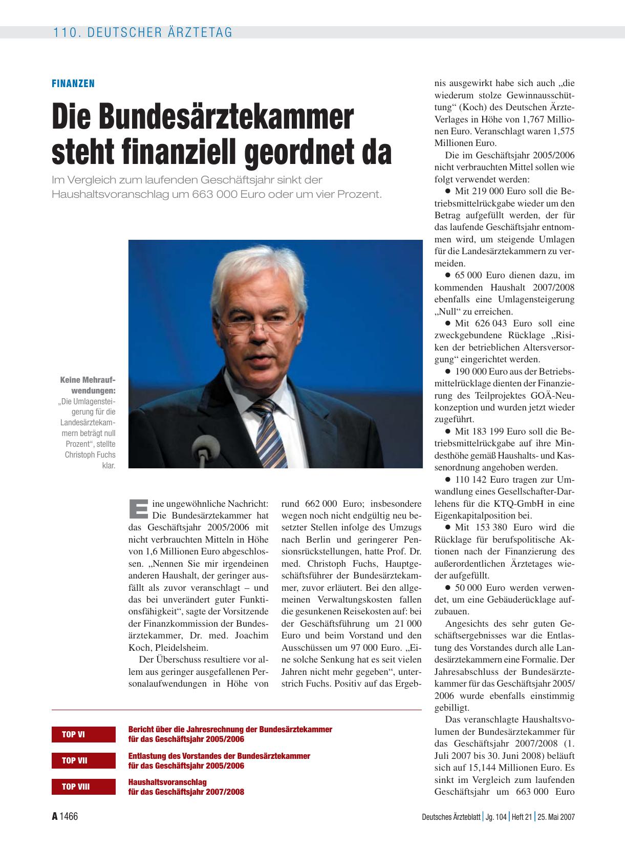 Vorschauseite 1: Finanzen: Die Bundesärztekammer steht finanziell geordnet da