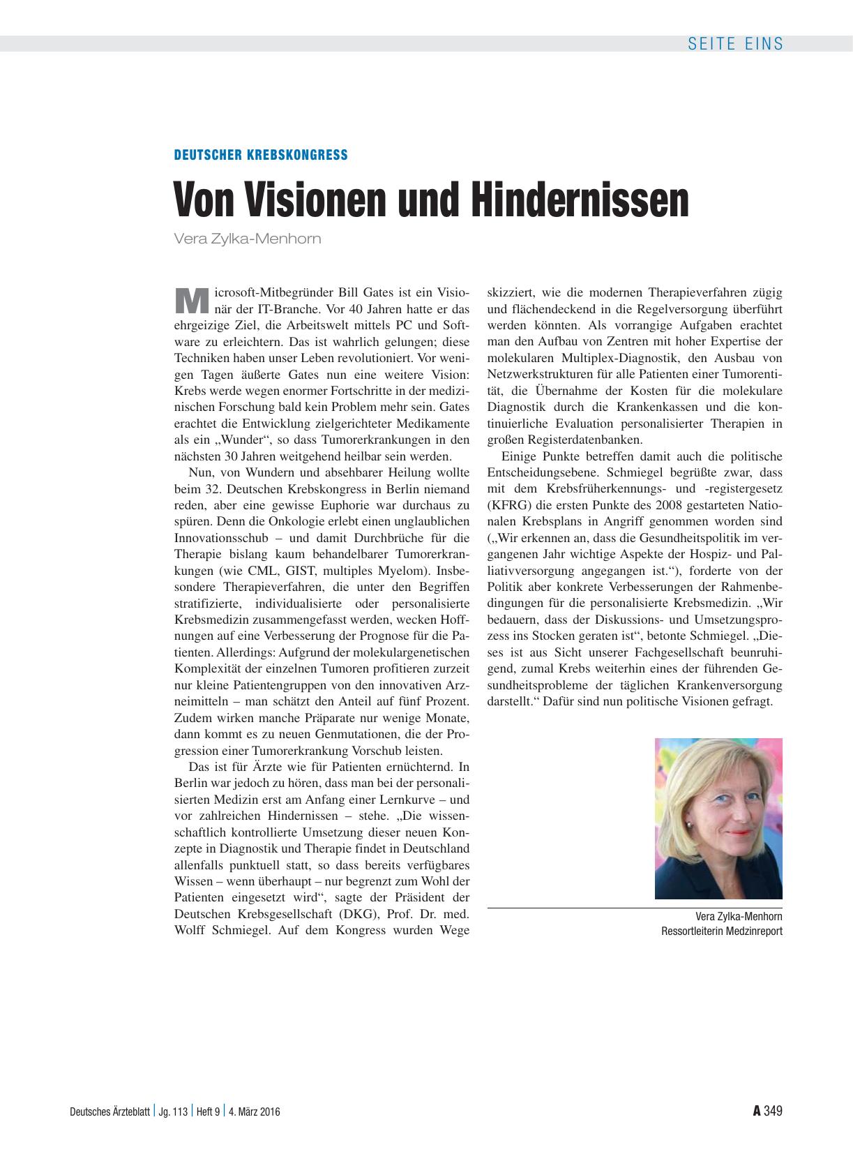 Vorschauseite 1: Deutscher Krebskongress: Von Visionen und Hindernissen