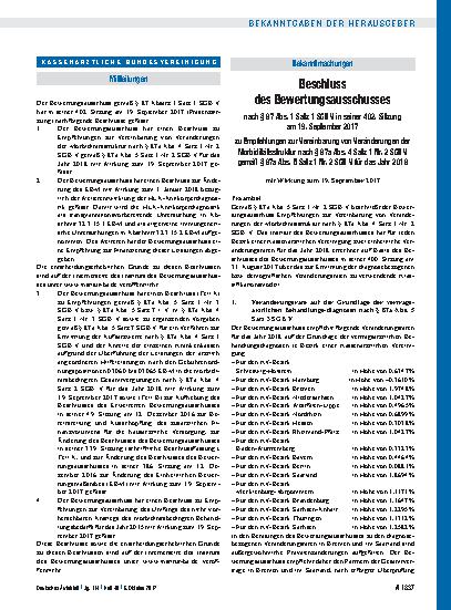 Vorschauseite 1: Beschluss des Bewertungsausschusses nach § 87 Abs. 1 Satz 1 SGB V in seiner 402. Sitzung am 19. September 2017 zu Empfehlungen zur Vereinbarung von Veränderungen der Morbiditätsst…