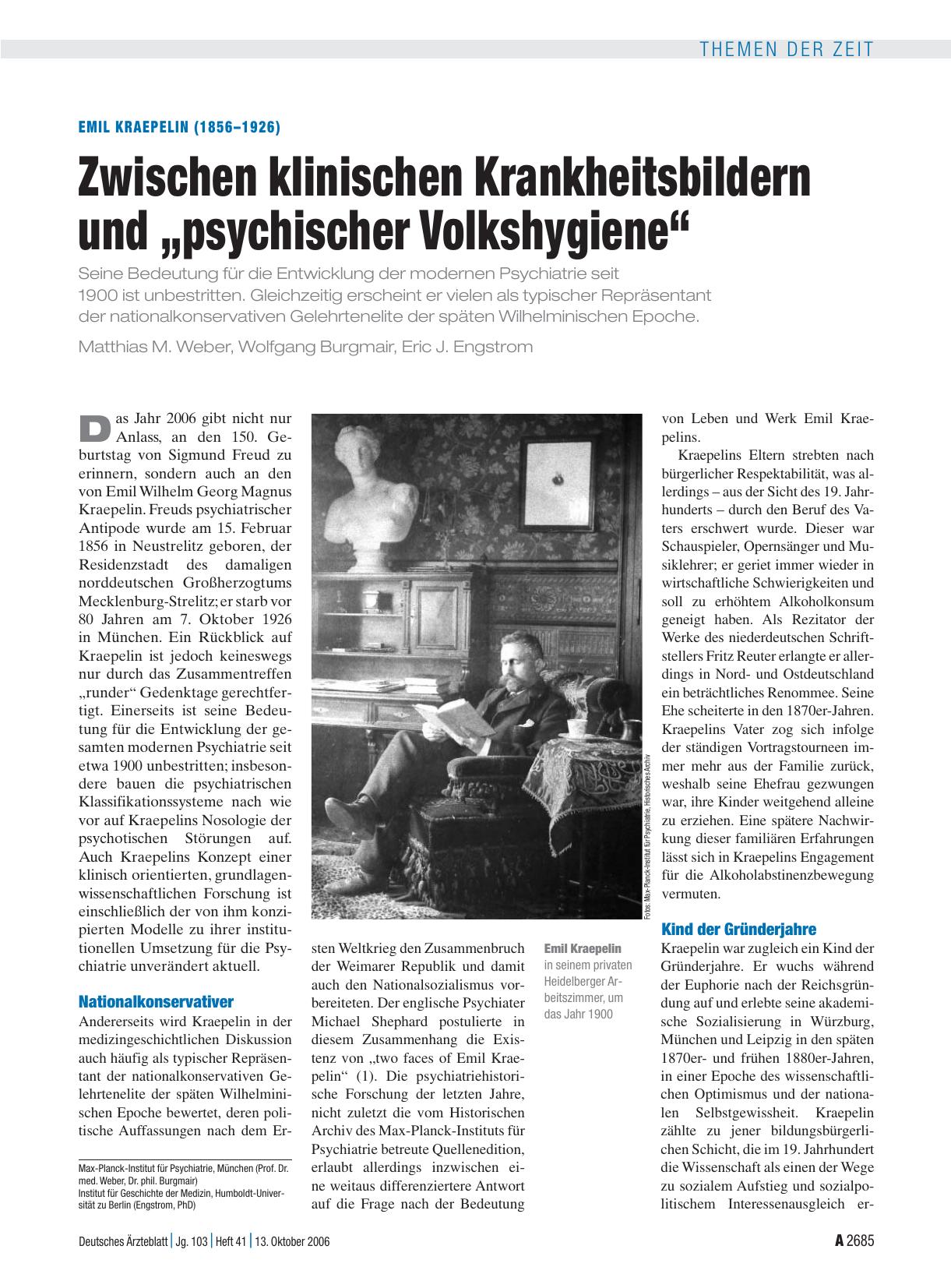 Vorschauseite 1: Emil Kraepelin (1856 – 1926): Zwischen klinischen Krankheitsbildern und „psychischer Volkshygiene“