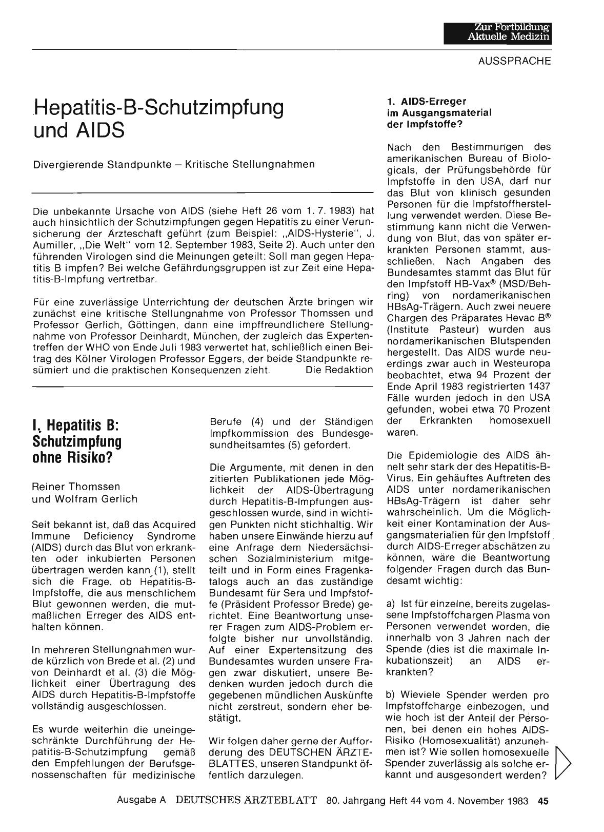 Vorschauseite 1: Hepatitis-B-Schutzimpfung und AIDS: Divergierende Standpunkte — Kritische Stellungnahmen