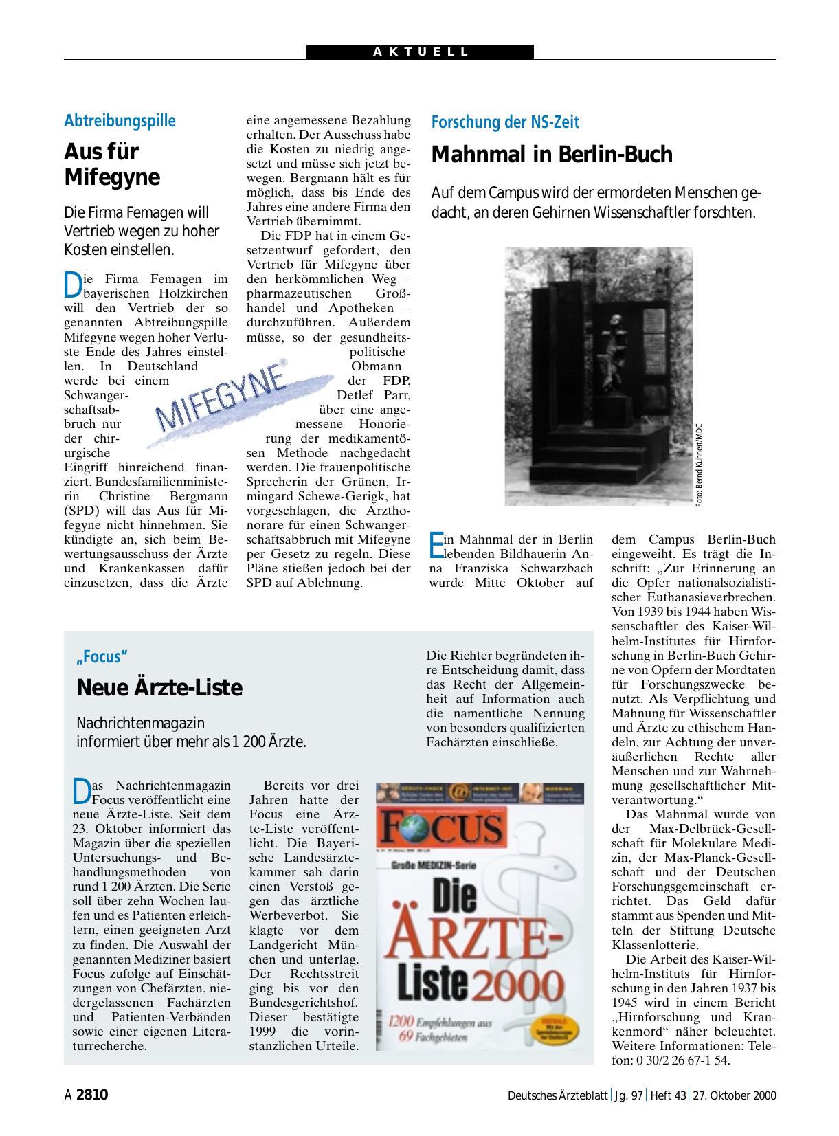 Vorschauseite 1: Abtreibungspille: Aus für Mifegyne
