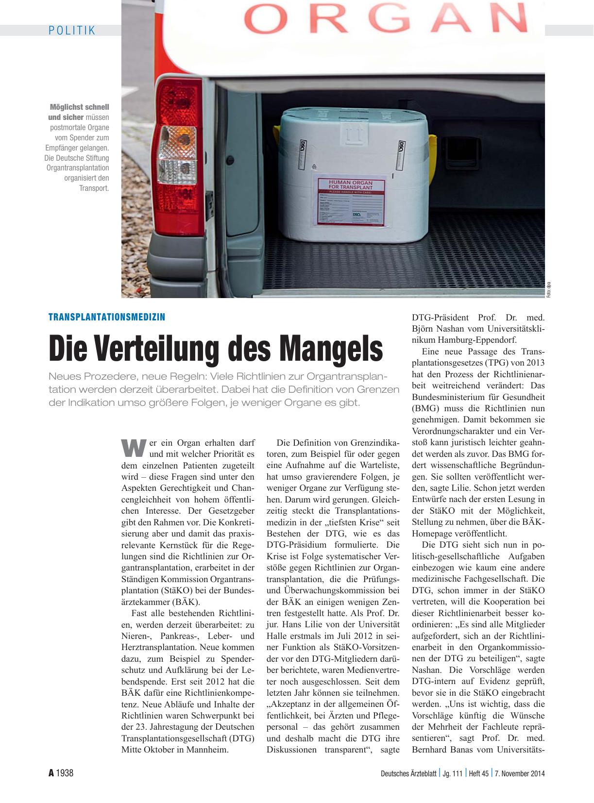 Vorschauseite 1: Transplantationsmedizin: Die Verteilung des Mangels