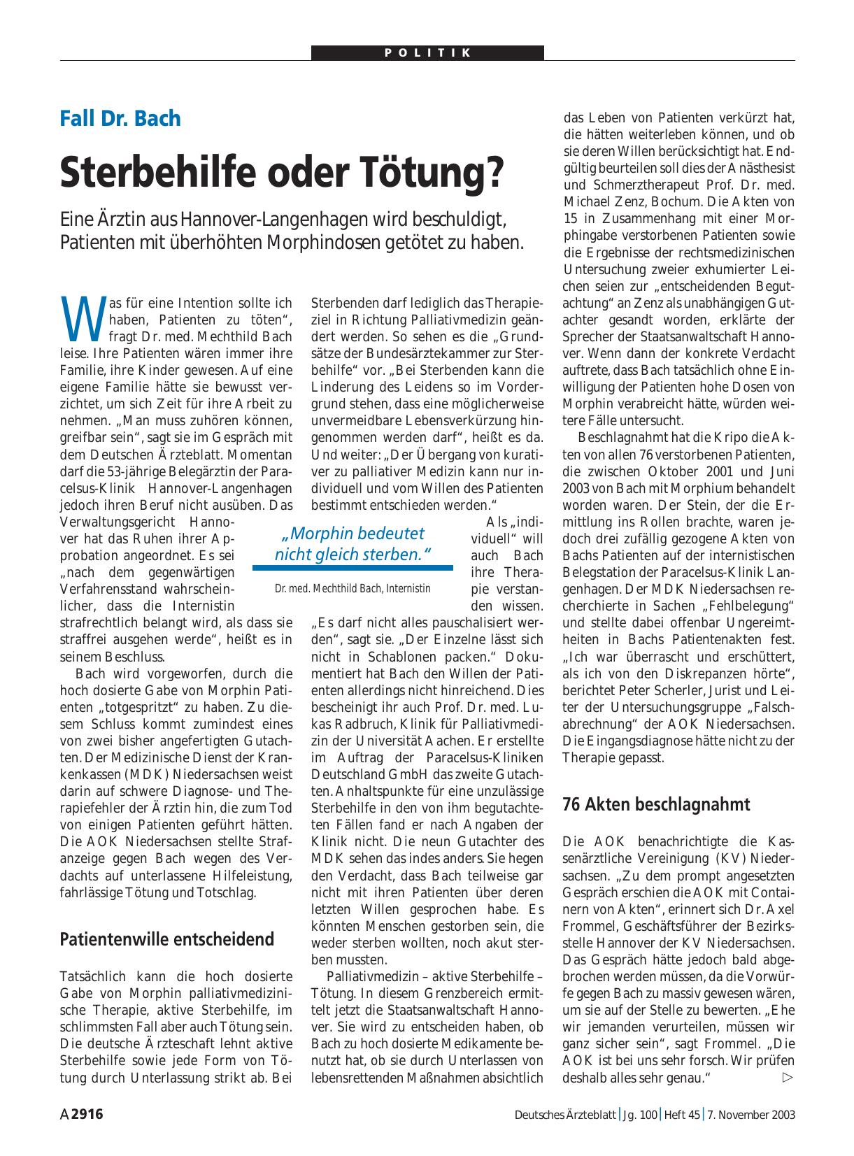 Vorschauseite 1: Fall Dr. Bach: Sterbehilfe oder Tötung?