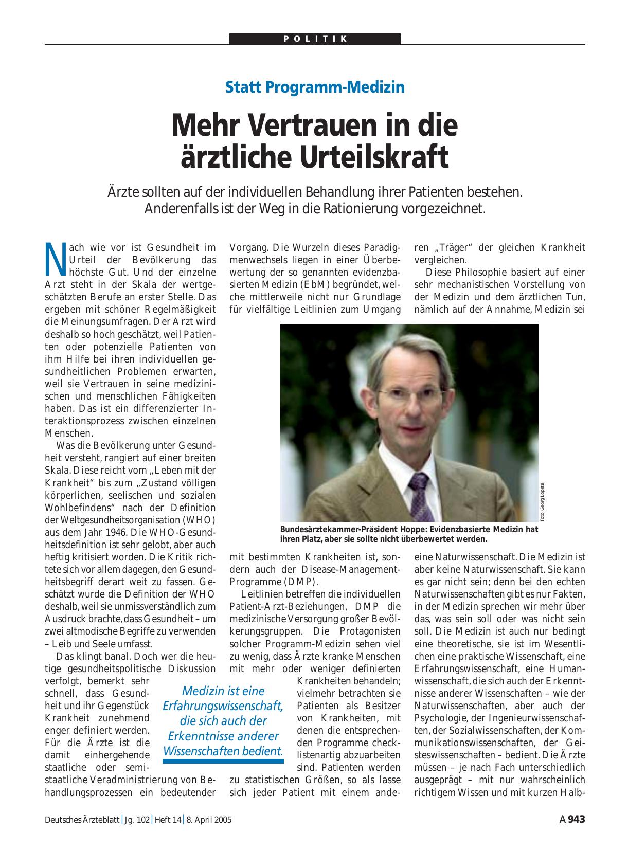 Vorschauseite 1: Statt Programm-Medizin: Mehr Vertrauen in die ärztliche Urteilskraft