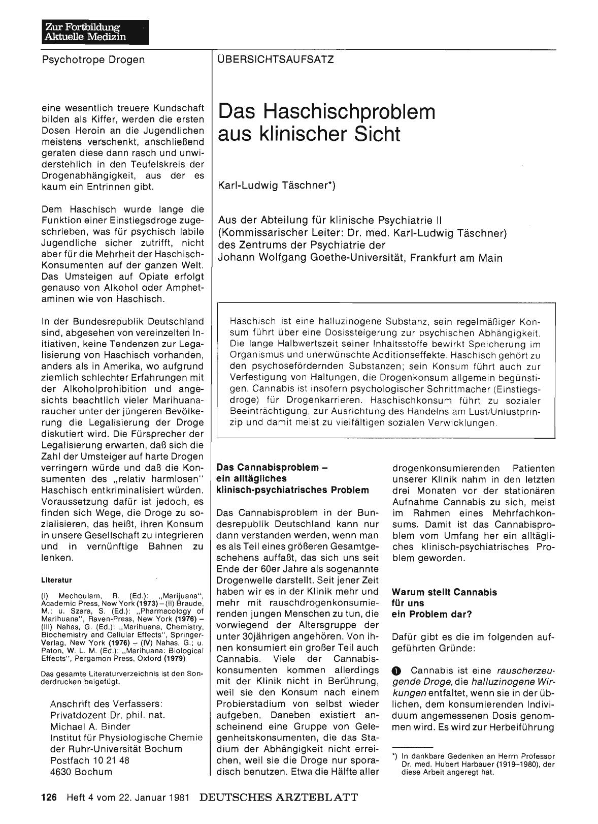 Vorschauseite 1: Das Haschischproblem aus klinischer Sicht