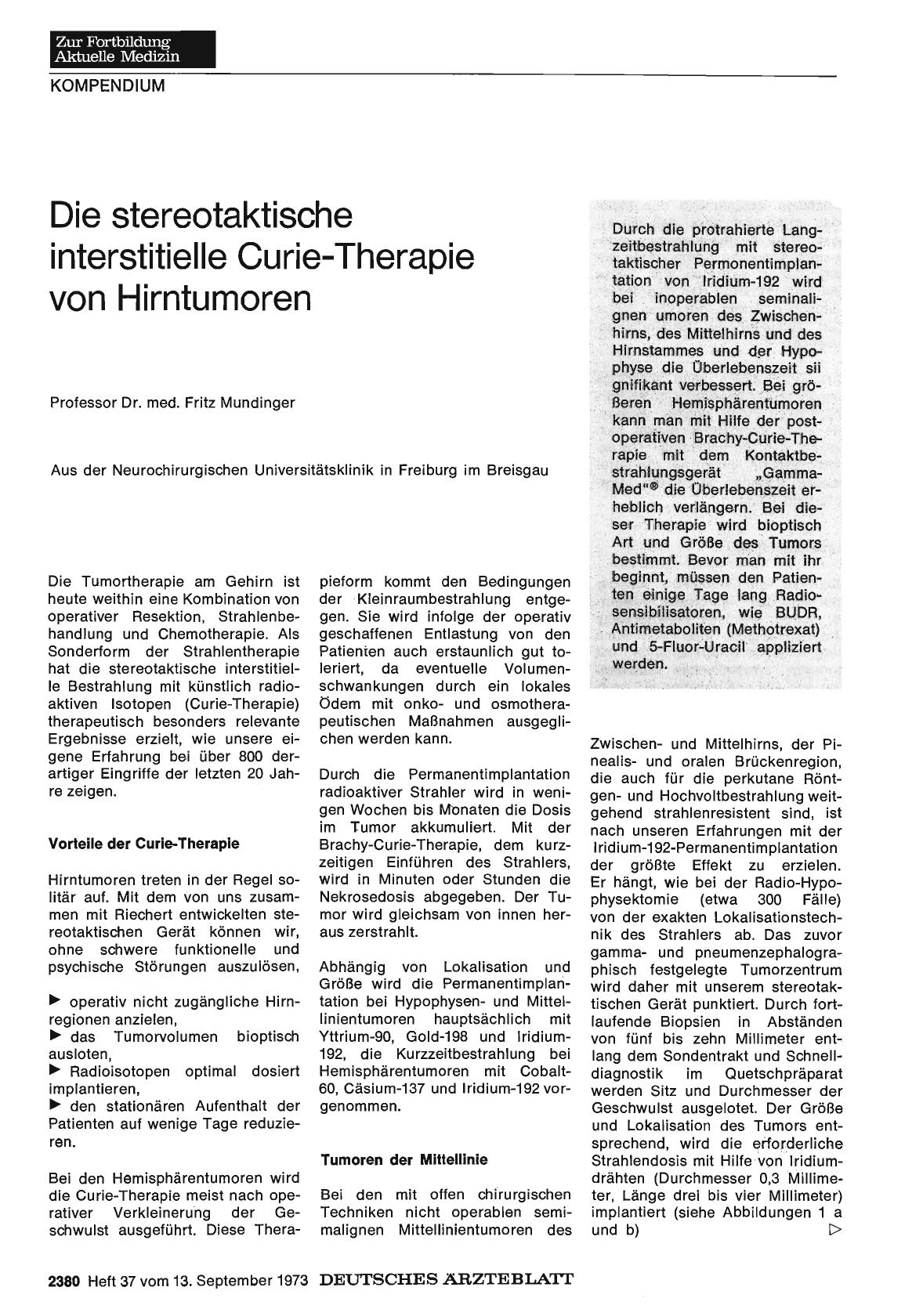 Vorschauseite 1: Die stereotaktische interstitielle Curie-Therapie von Hirntumoren