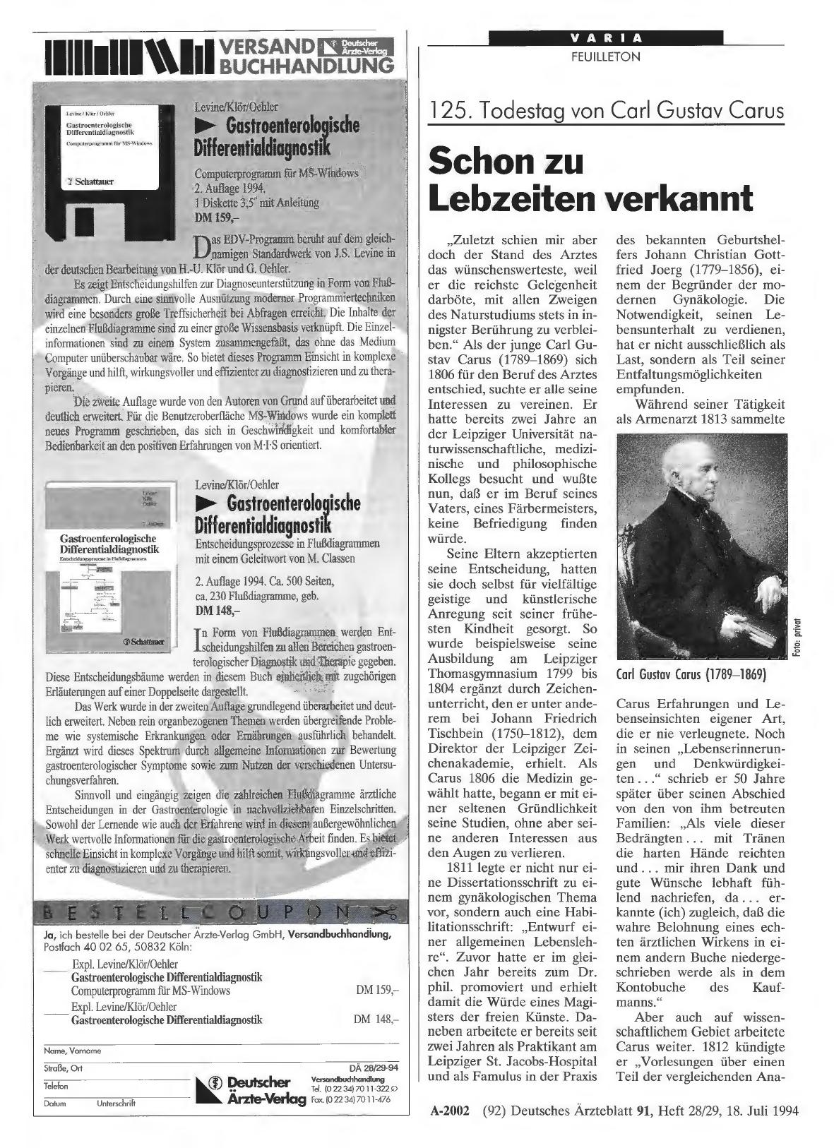 Vorschauseite 1: 125. Todestag von Carl Gustav Carus: Schon zu Lebzeiten verkannt