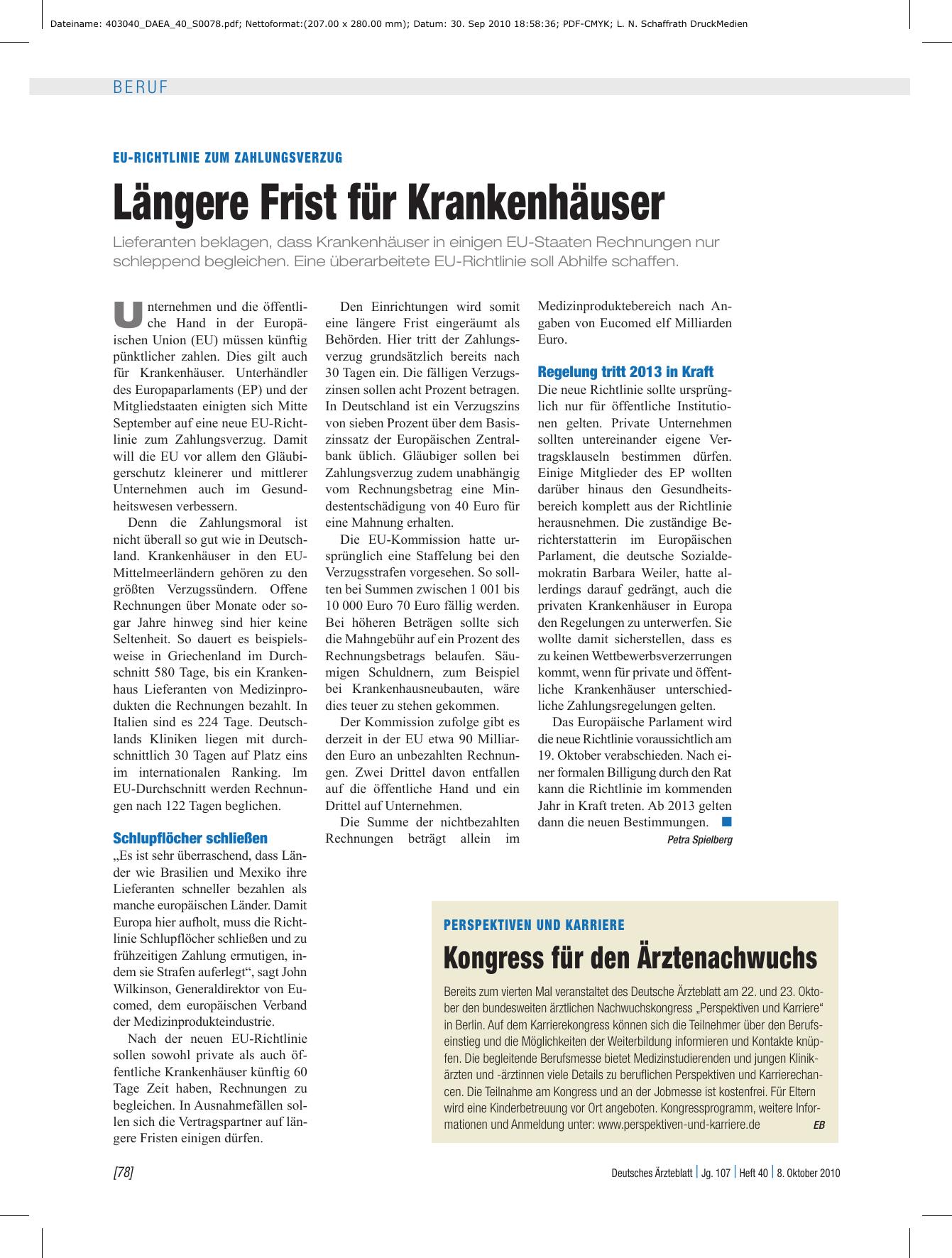 Vorschauseite 1: EU-Richtlinie zum Zahlungsverzug: Längere Frist für Krankenhäuser