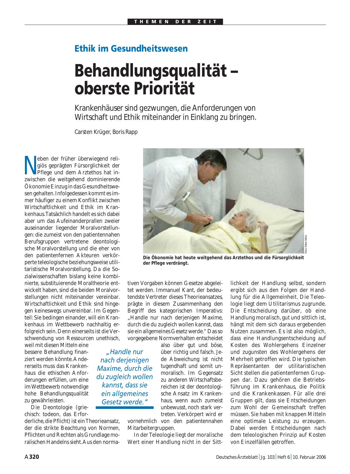 Vorschauseite 1: Ethik im Gesundheitswesen: Behandlungsqualität – oberste Priorität