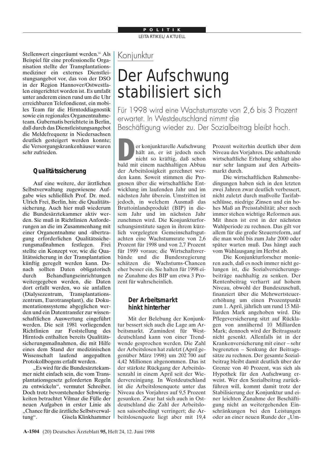 Vorschauseite 1: Konjunktur: Der Aufschwung stabilisiert sich