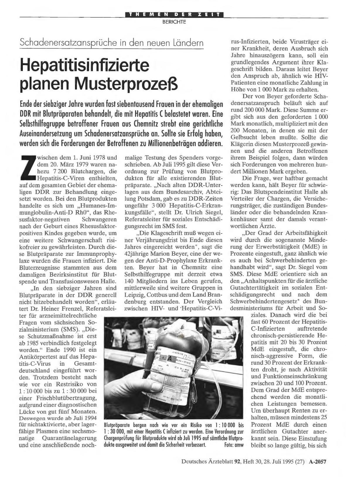 Vorschauseite 1: Schadenersatzansprüche in den neuen Ländern: Hepatitisinfizierte planen Musterprozeß