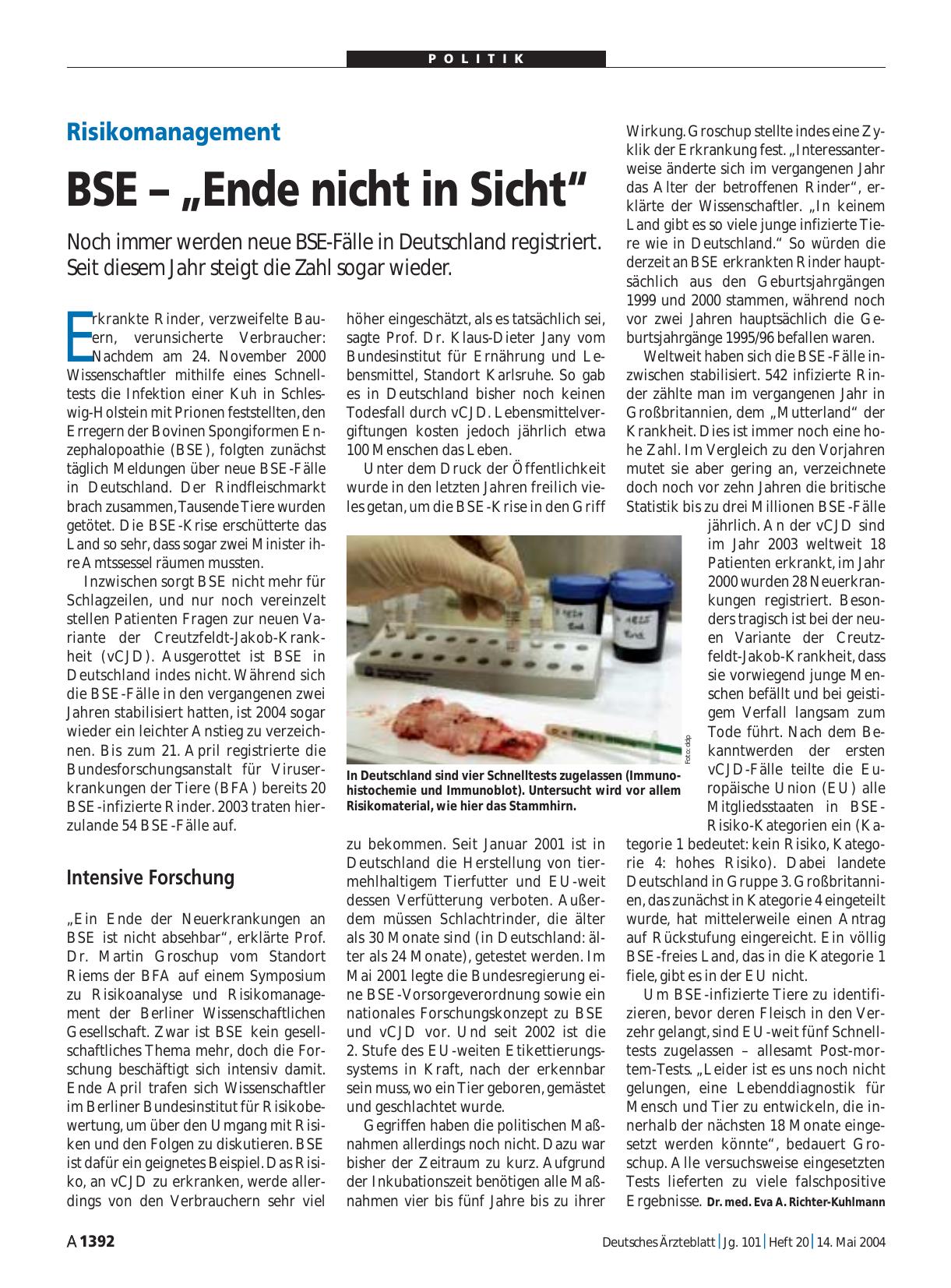 Vorschauseite 1: Risikomanagement: BSE – „Ende nicht in Sicht“