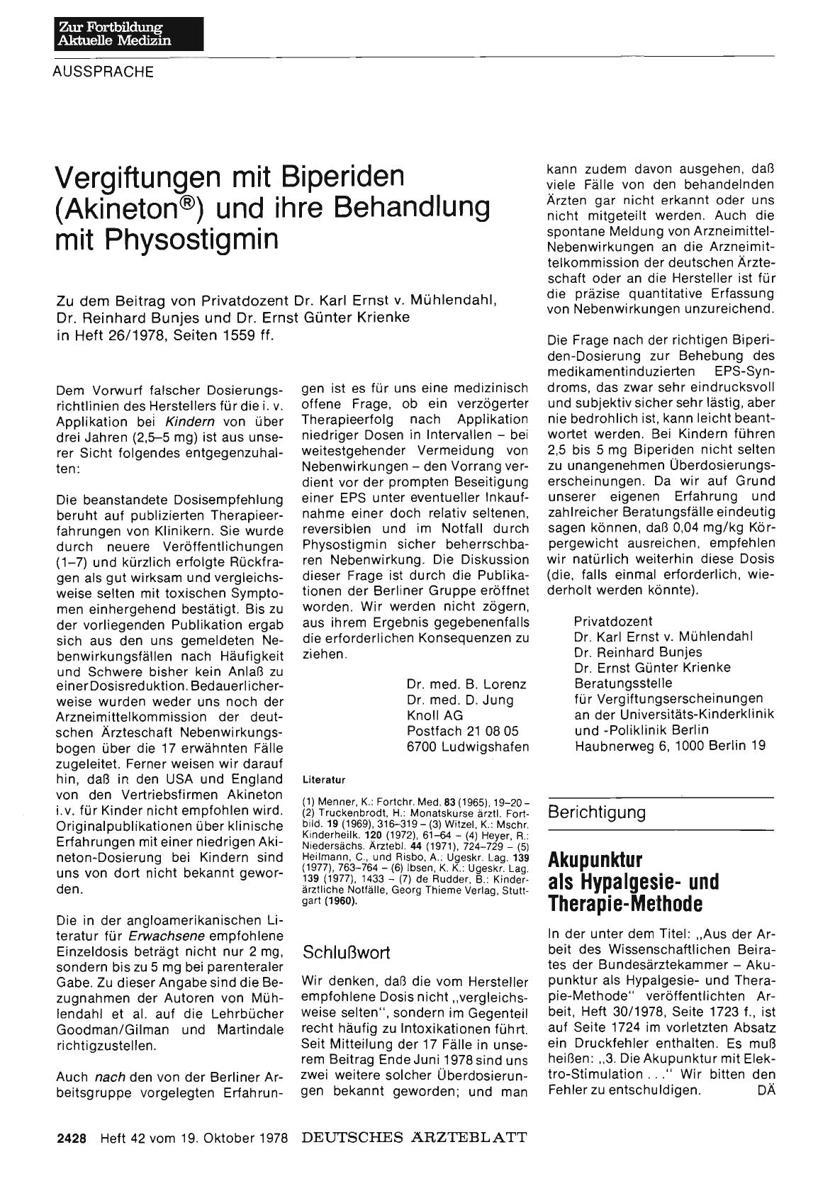 Vorschauseite 1: Vergiftungen mit Biperiden (Akineton®) und ihre Behandlung mit Physostigmin: Stellungnahme