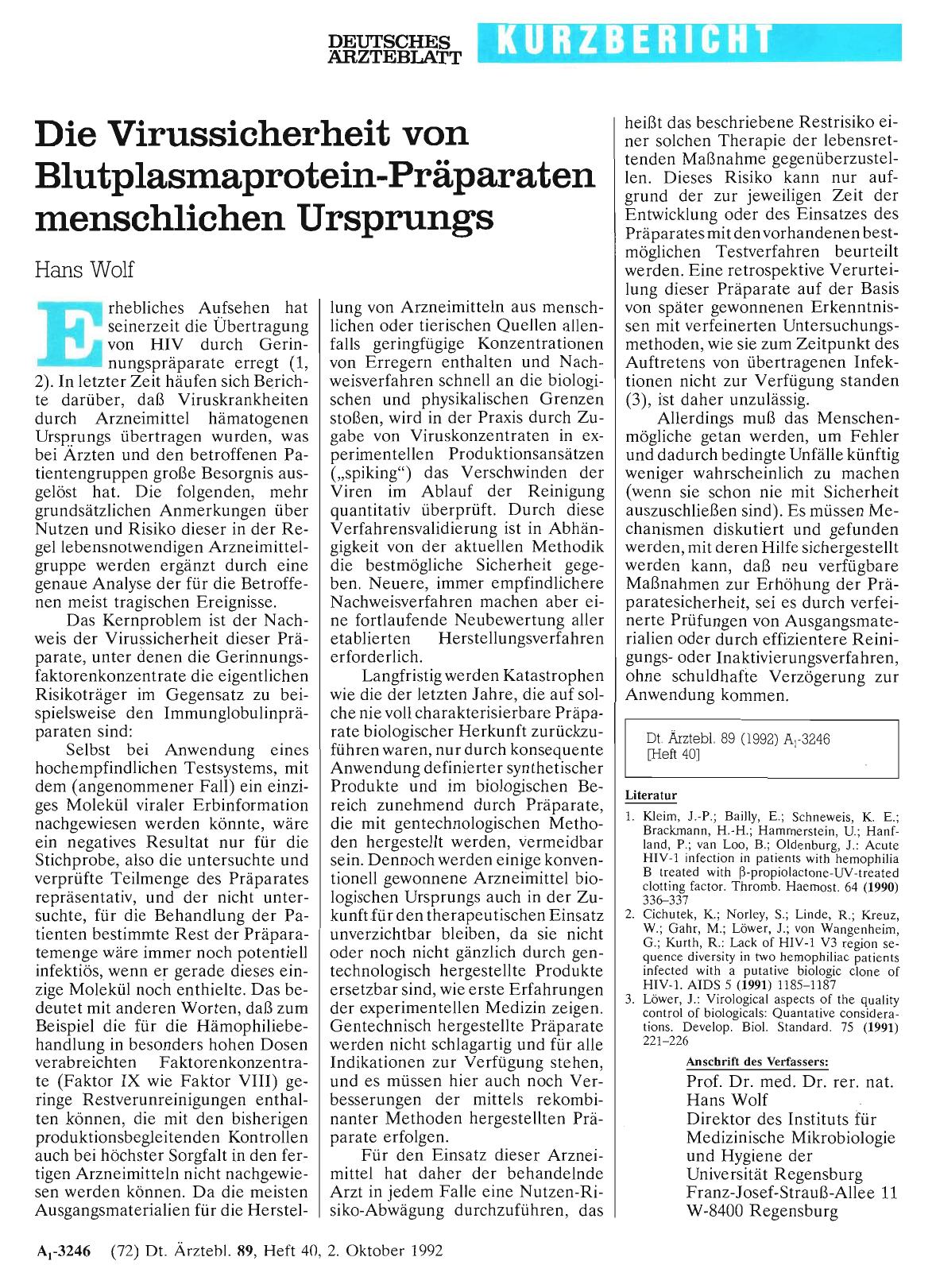 Vorschauseite 1: Die Virussicherheit von Blutplasmaprotein-Präparaten menschlichen Ursprungs