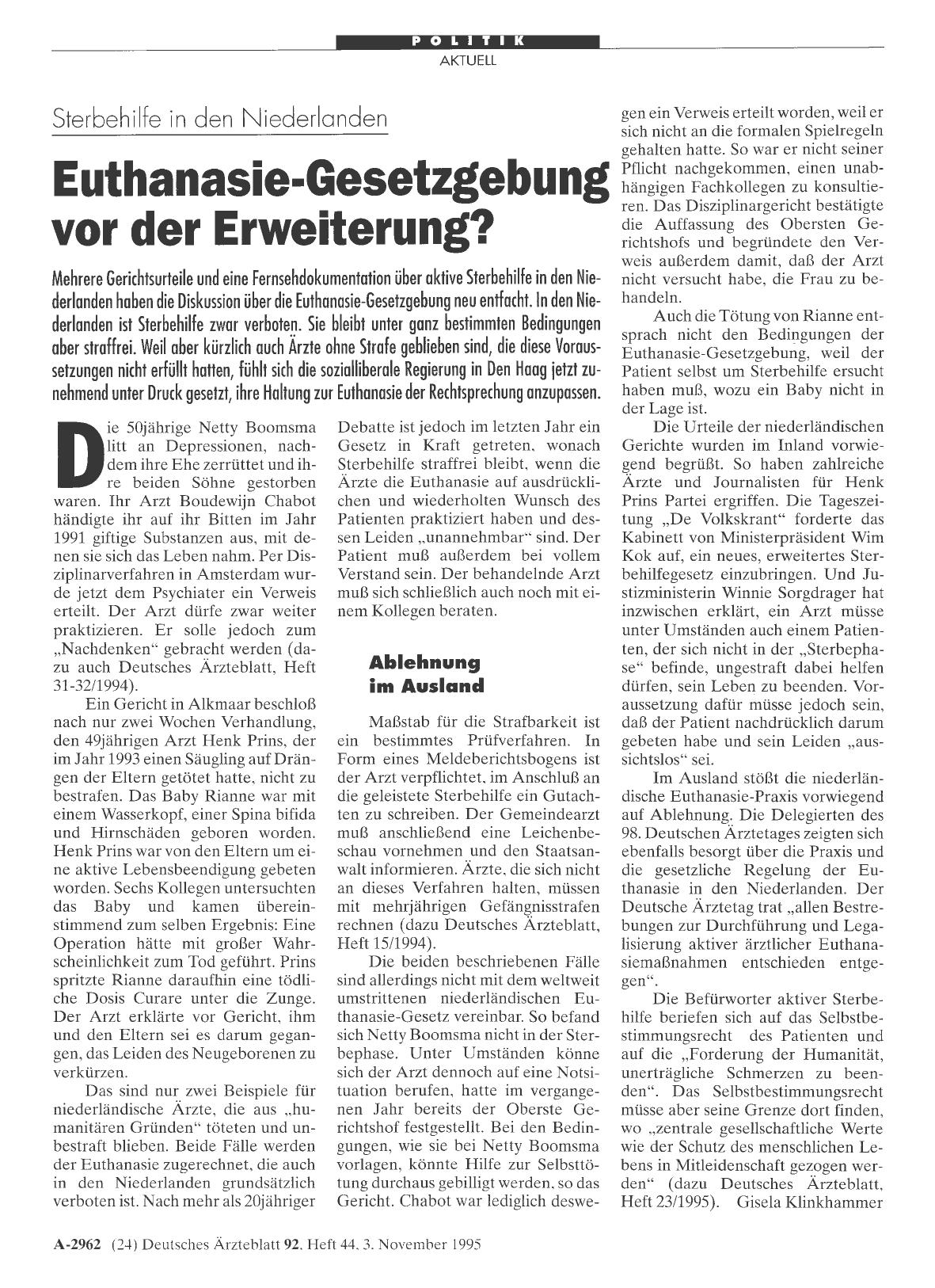 Vorschauseite 1: Sterbehilfe in den Niederlanden: Euthanasie-Gesetzgebung vor der Erweiterung?